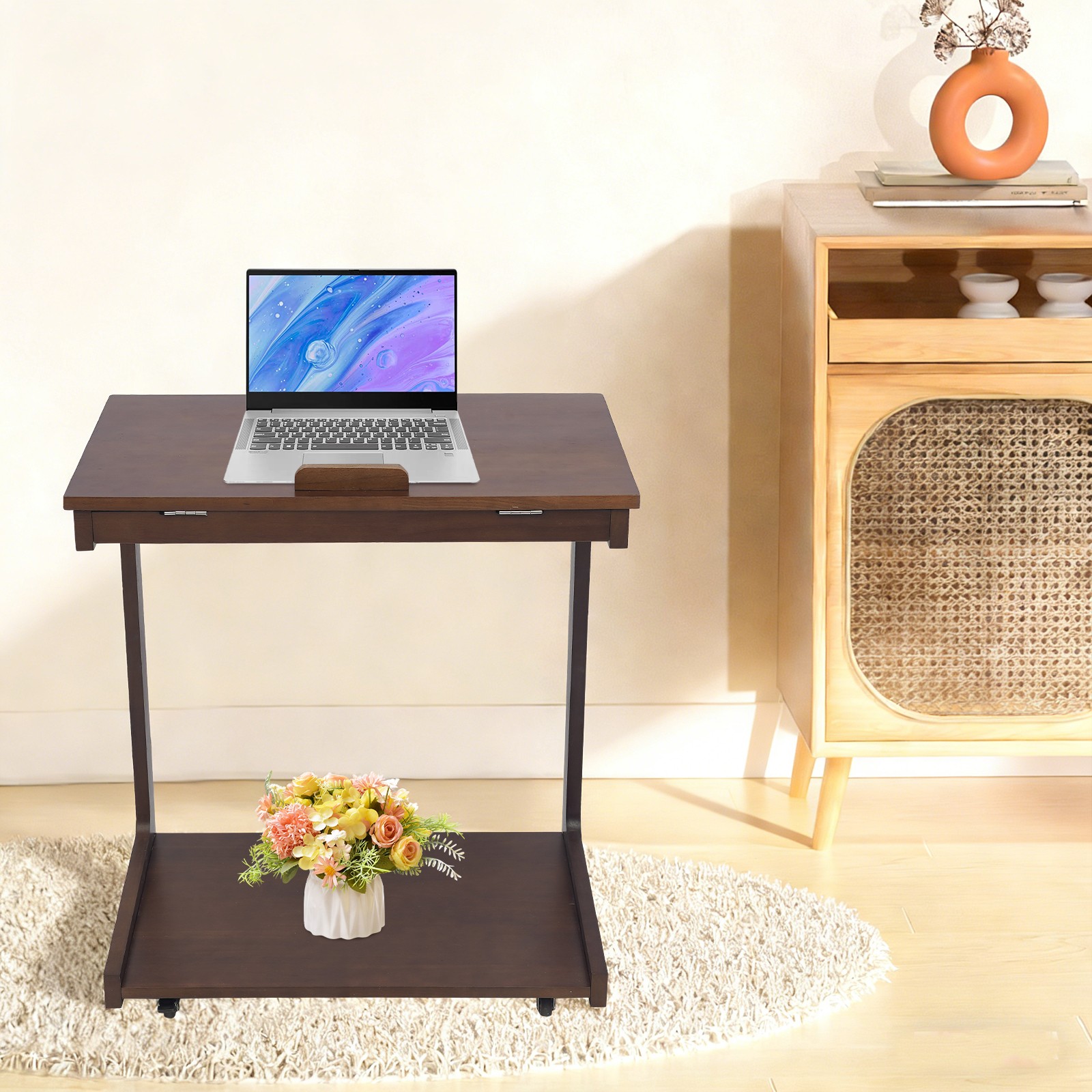 C-Shaped Wooden Side Table Sofa Side Table Rolling Side Table w/Flip Desktop