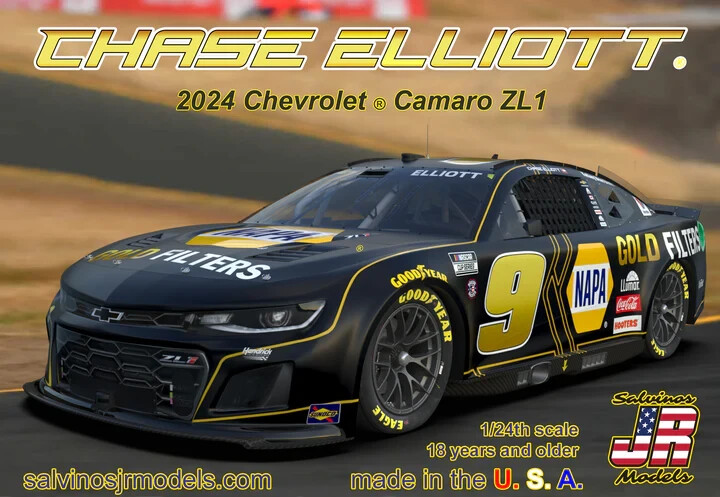 Salvinos JR HMC2024CES - Chase Elliott #9 2024 Chevy Camaro Napa Gold 1/24 Scale