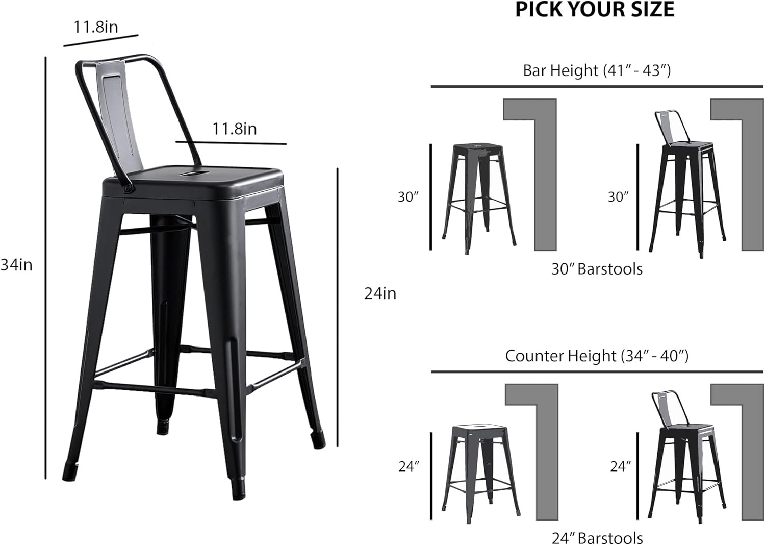 Rustic Black Metal Barstool Set of 2 - Lightweight, Sturdy, Easy Assembly