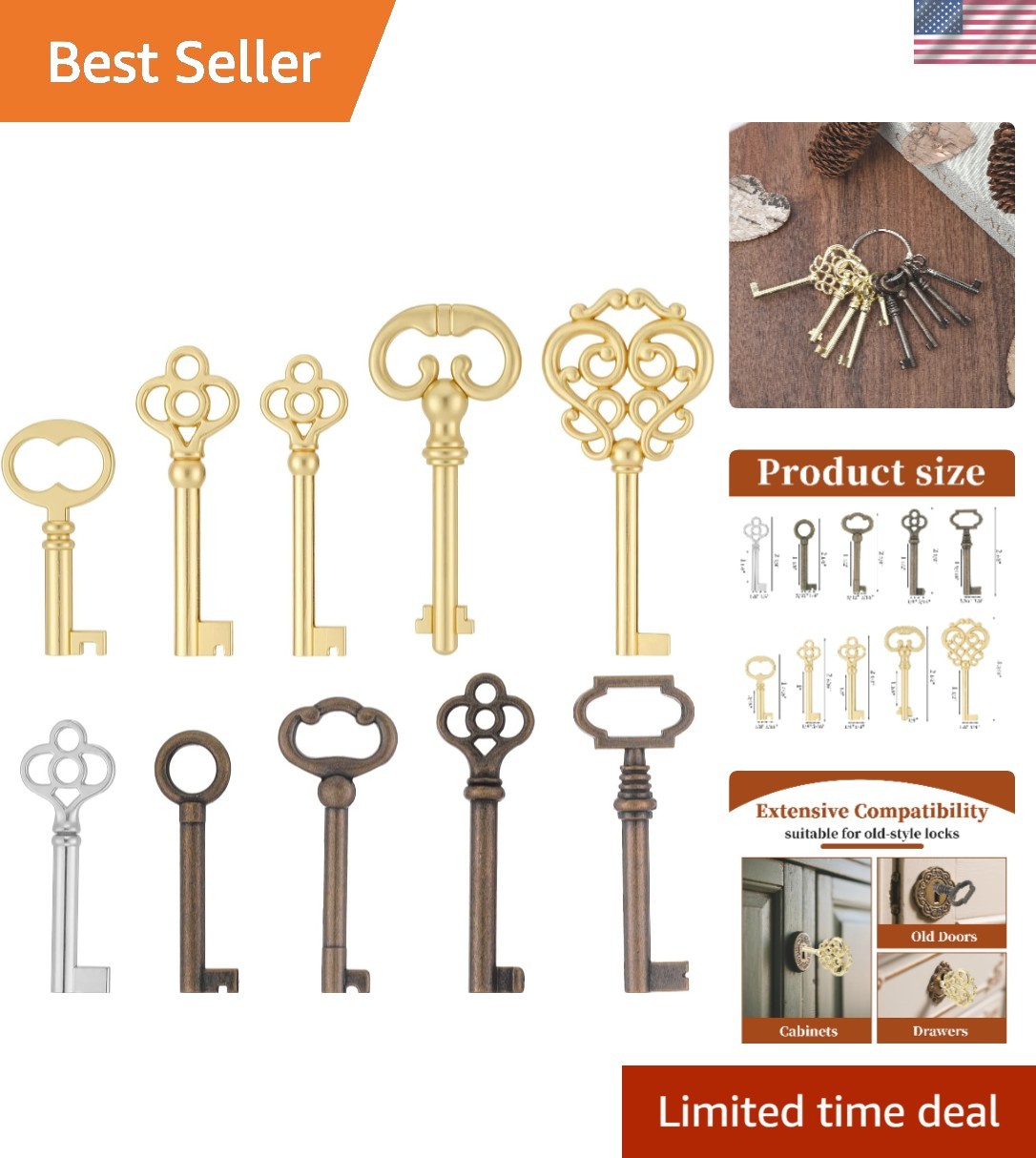Key Set, 10 Pcs Keys Hollow Universal Key Replacement for Antique Dresser and...