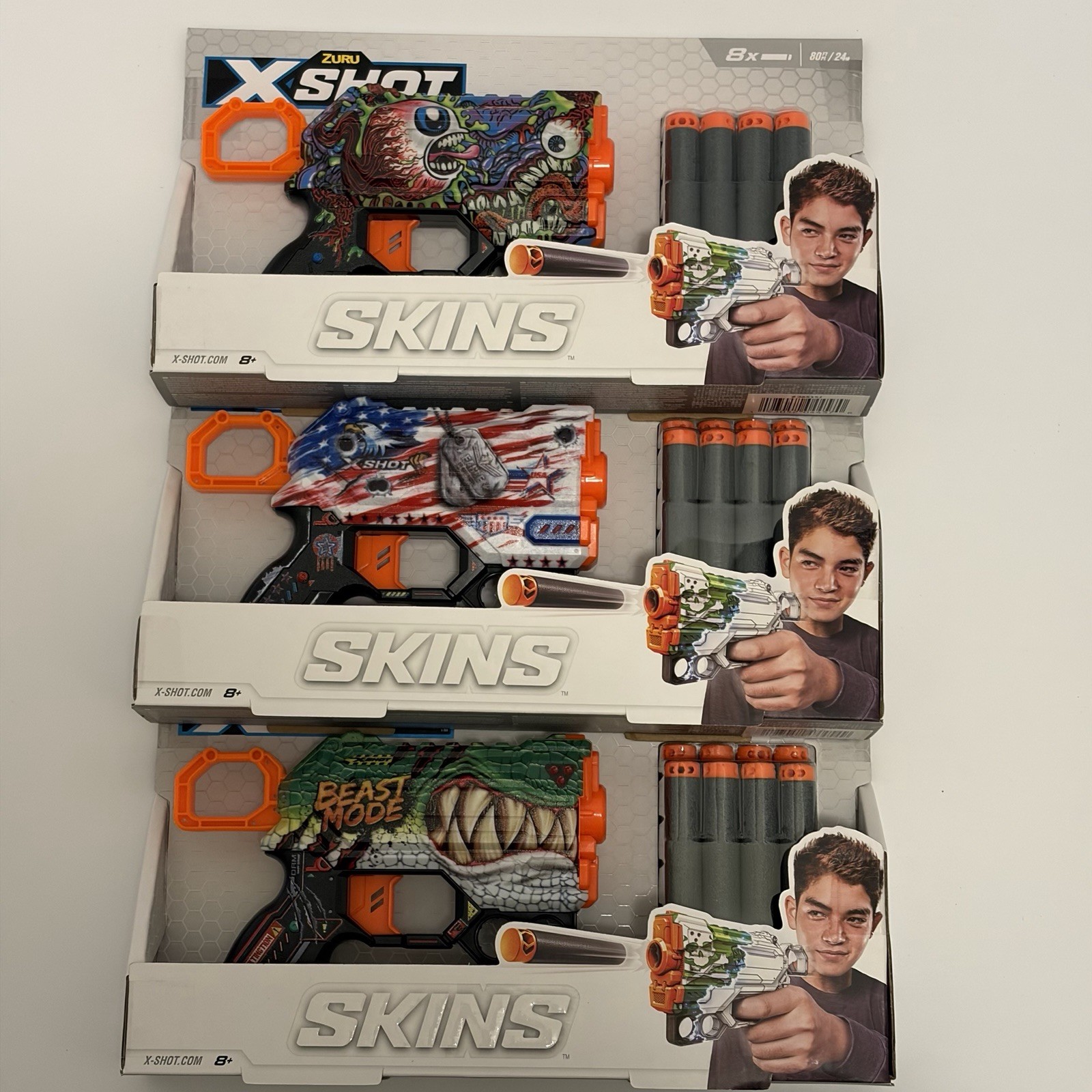 Zuru X-Shot Skins Menace Set Of 3 Toy Blaster Scream, Beast Mode, American Flag