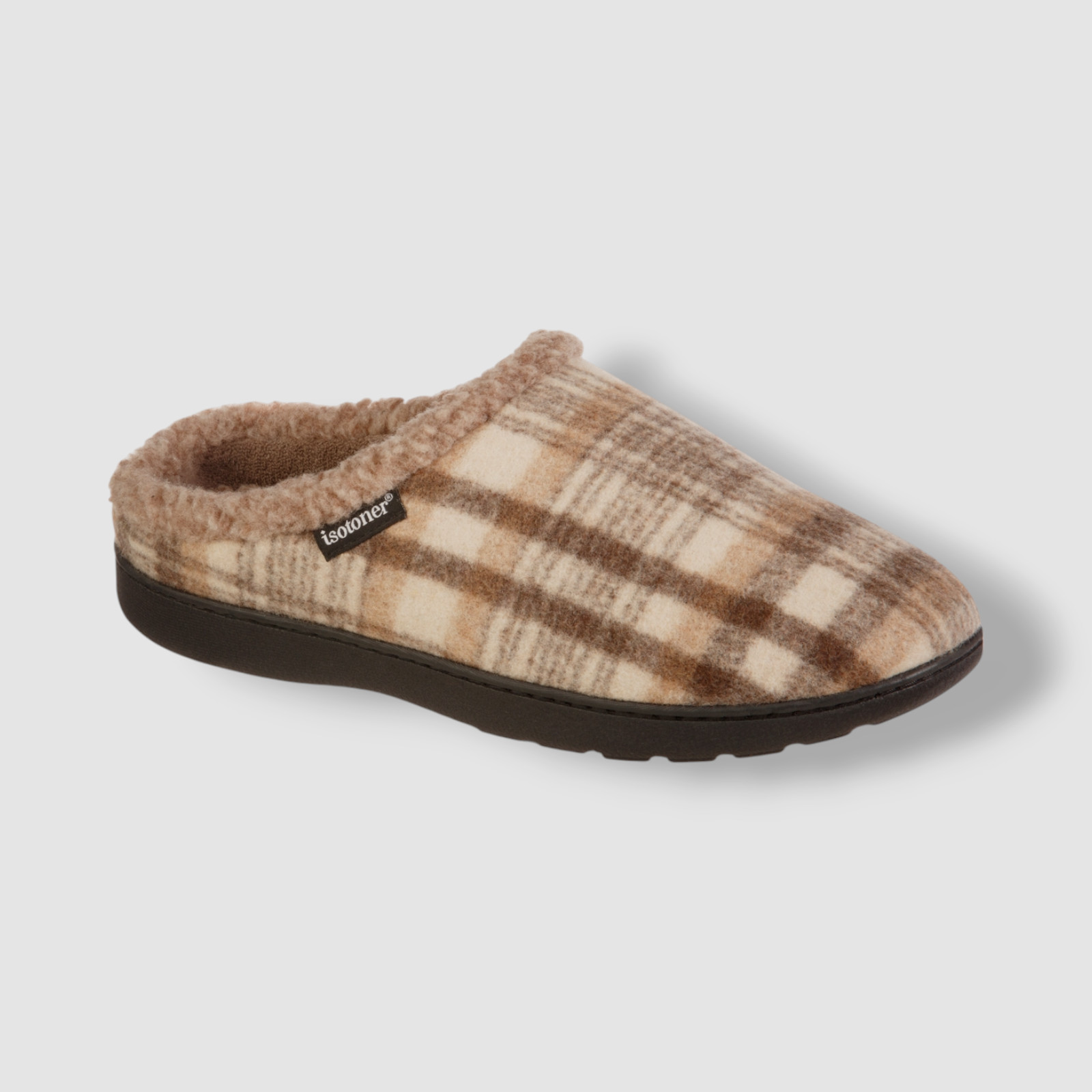Isotoner Signature, Mens Beige Plaid Hoodback Memory Foam Slippers Size 9.5-10.5