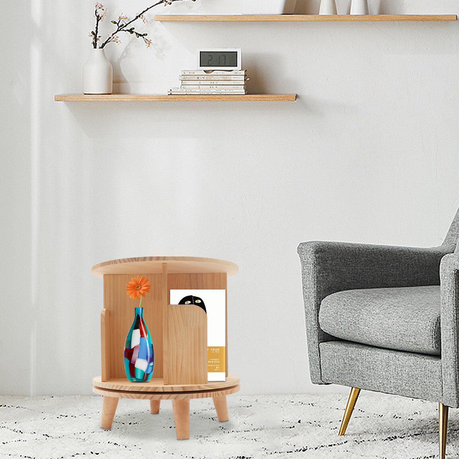 1-tier Floor Standing Solid Wood Single-layer Rotating Bookshelf 31cm H Bookcase