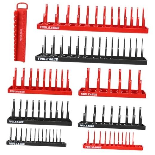 9Pcs Socket Organizer Tray and Magnetic Wrench Holder Set,Red SAE & Black 9pcs