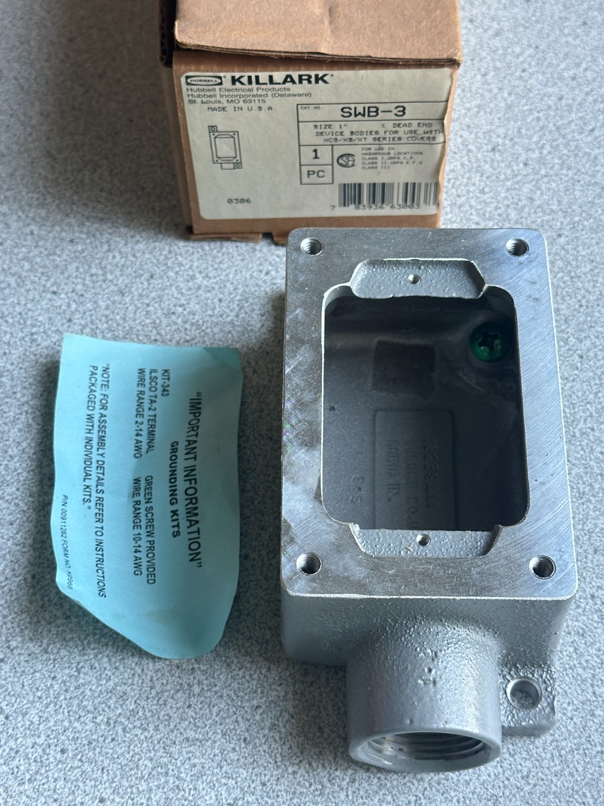 NEW Killark SWB-3 Aluminum Dead-End Single Gang Device Body, 1" Hub
