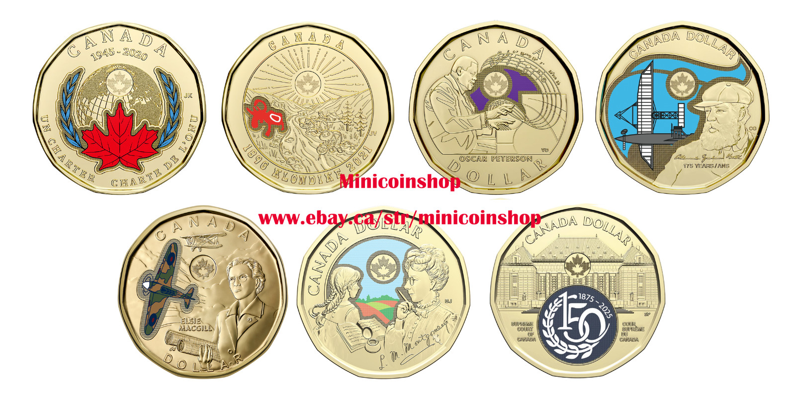 Canada  2020 to 2025 Colored Loonie $1 Dollar 7 Coins Full Set UNC