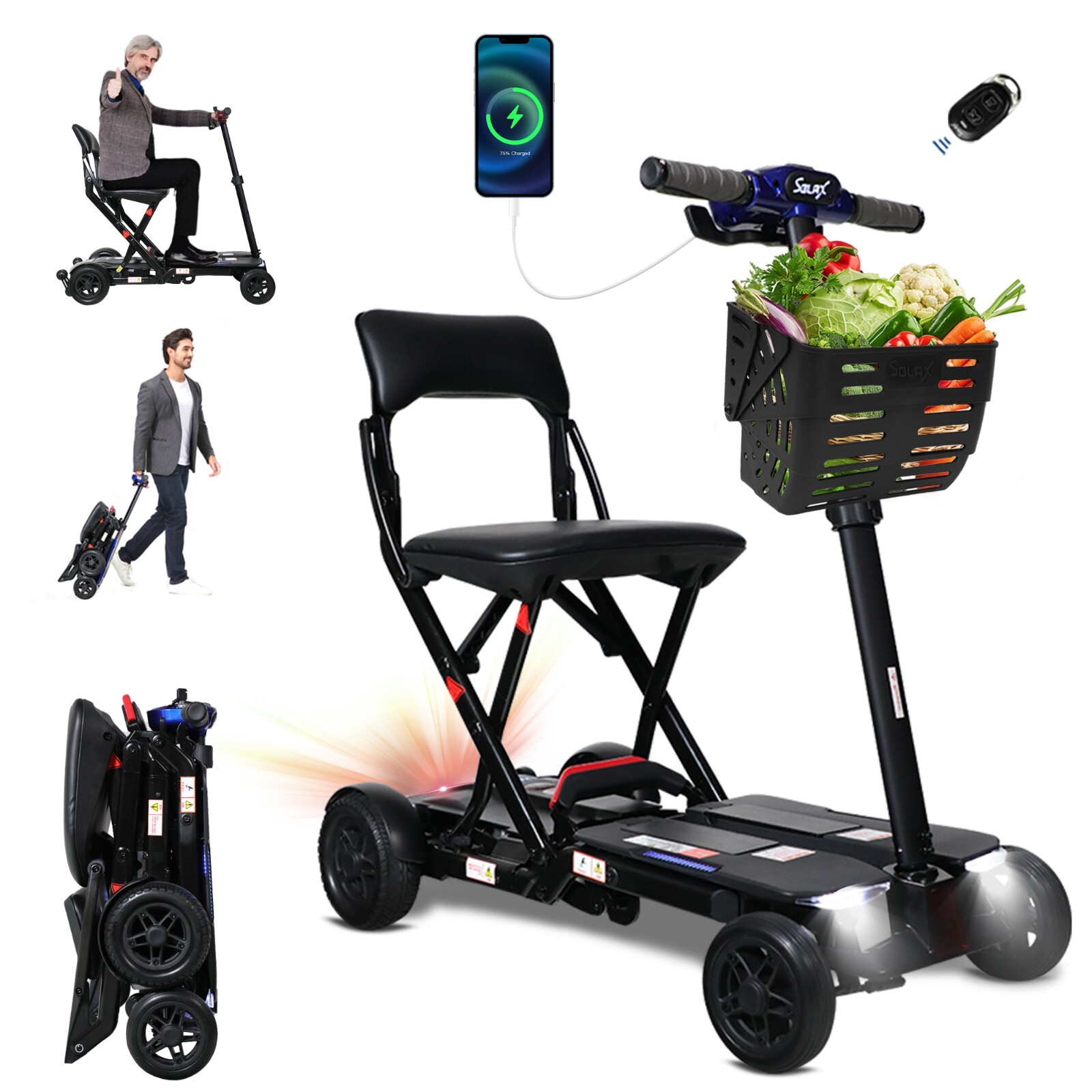 4-Wheel Remote Folding Mobility Scooter NFC USB Suspenion Super lightweight Blue