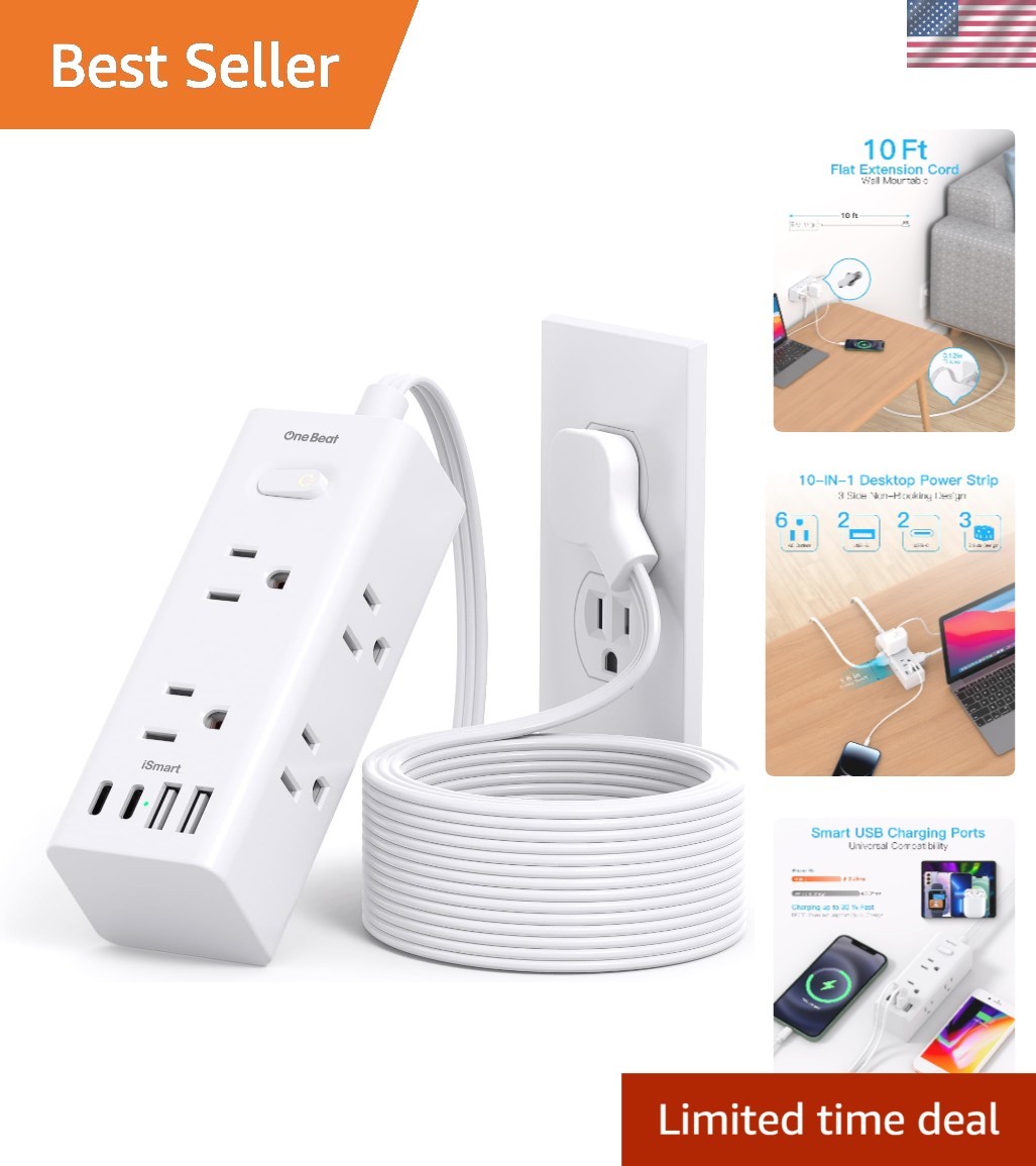 10Ft Extension Cord with Multiple Outlets,Flat Plug Power Strip | Surge Prote...