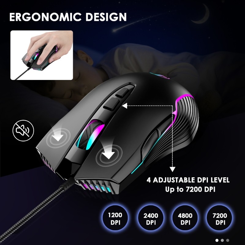 Ergonomic Corded Opticaled Mouse USB C A Color Lighting Computer Jiggler 7200DPI