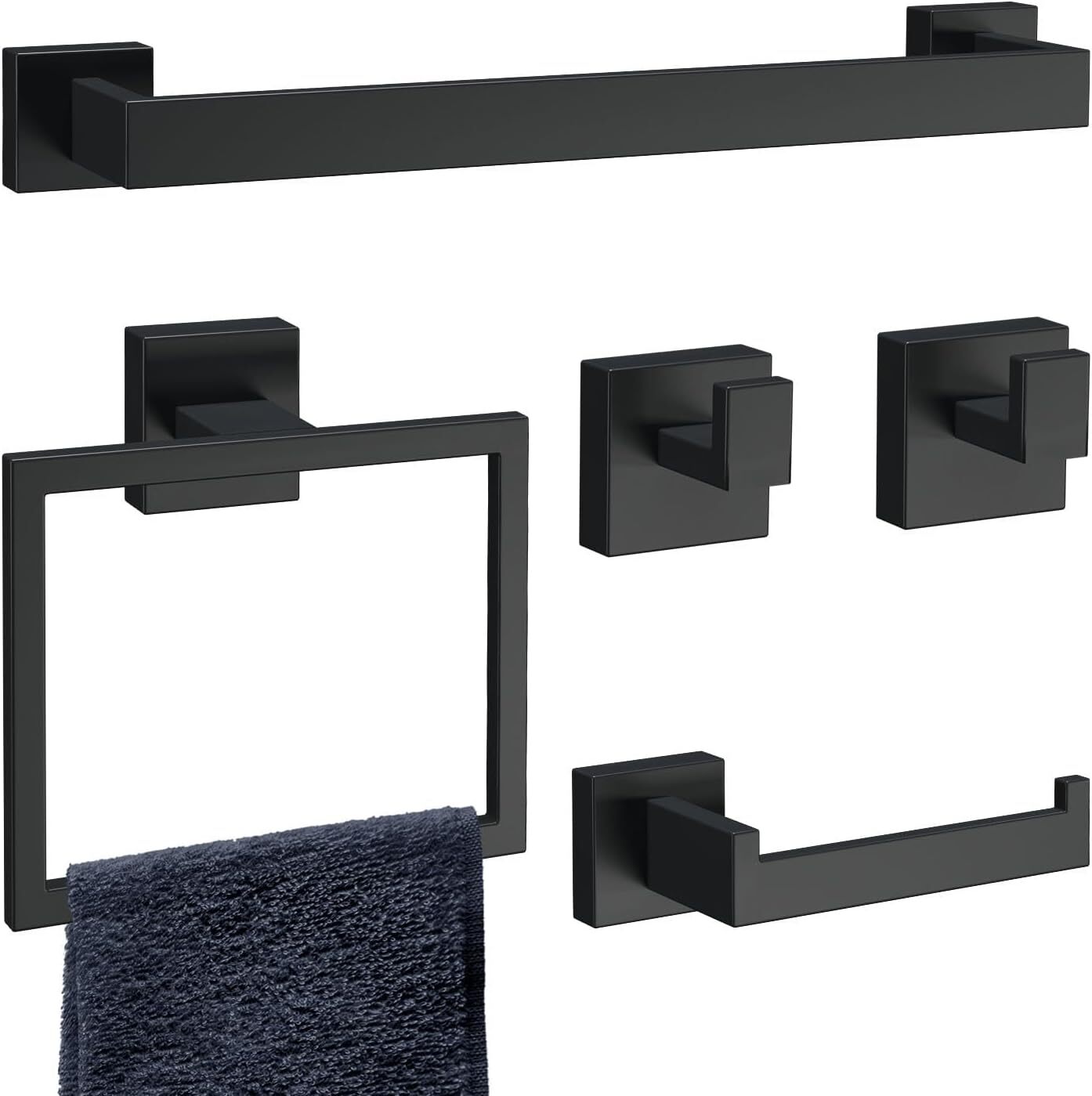 Hawkrown 5-Pieces Matte Black Bathroom Hardware Accessories Set SUS304 Stainless