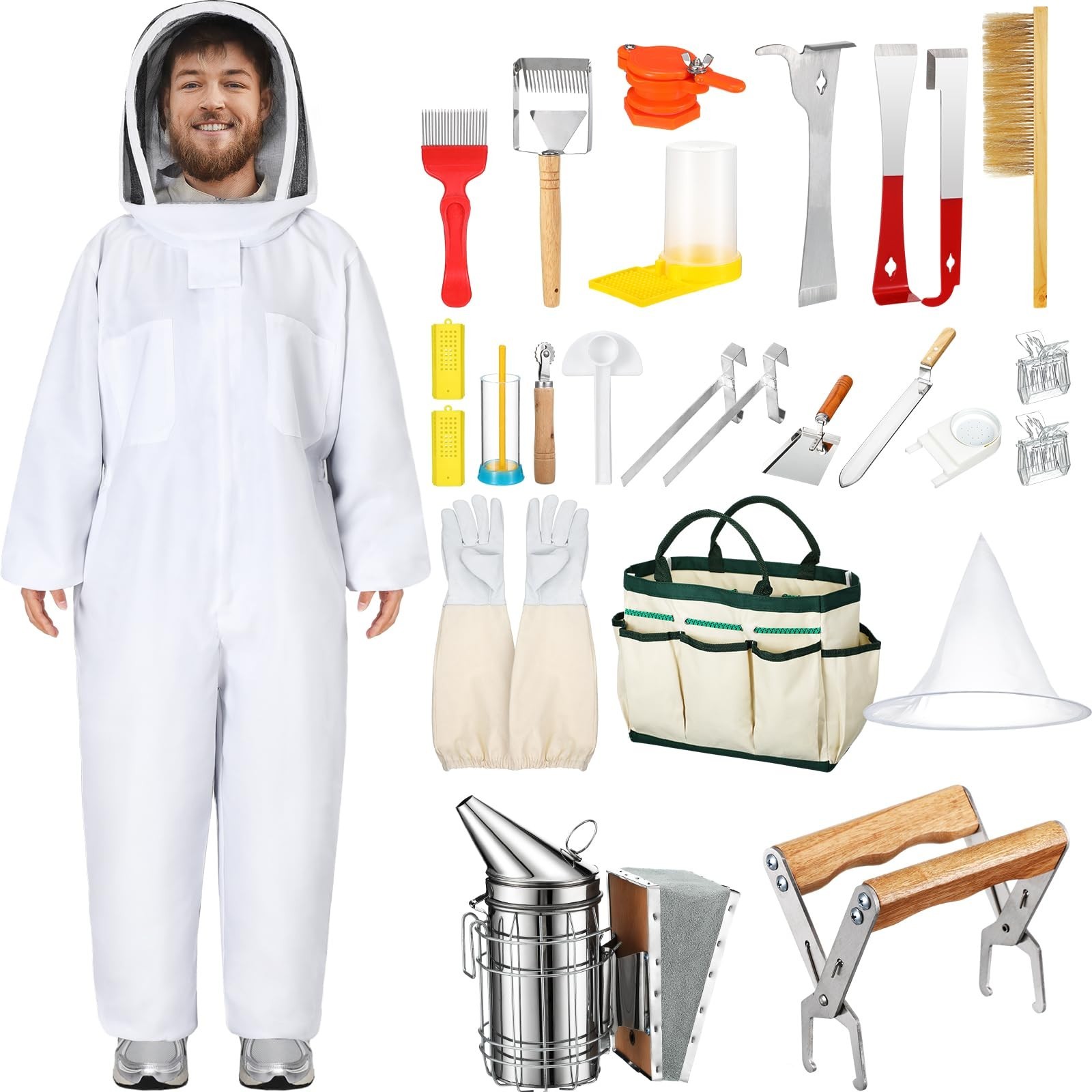 30 Pcs Beekeeping Starter Kit Bees Keeper Starting Kit All Bee Suit Gloves Hi...
