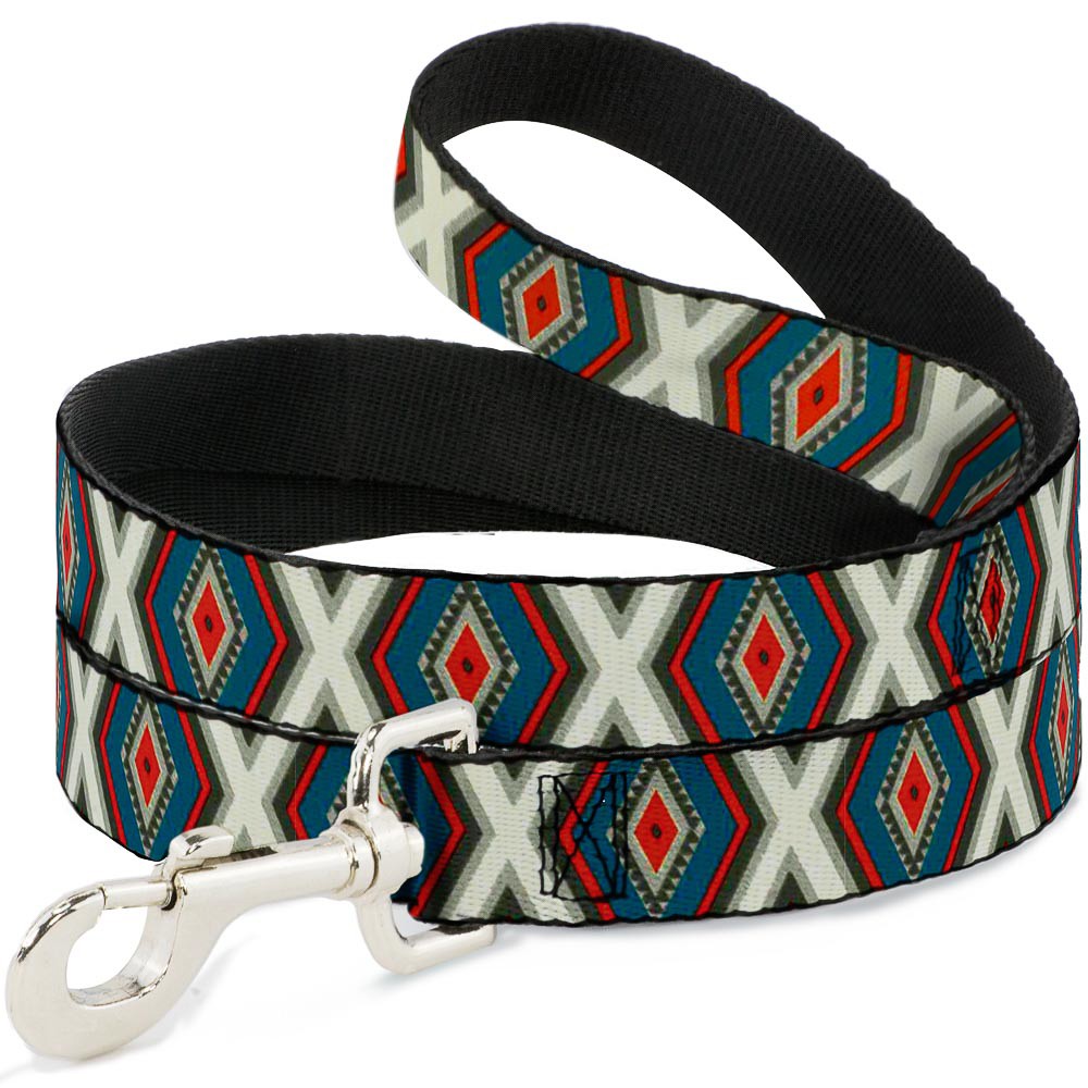 Dog Leash Geometric Diamonds Grays/Red/Turquoise NARROW 0.5"