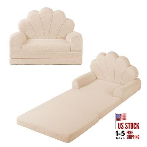 2-in-1 Kids Couch, Toddler Couch Fold Out, Comfy Toddler Chair, Beige