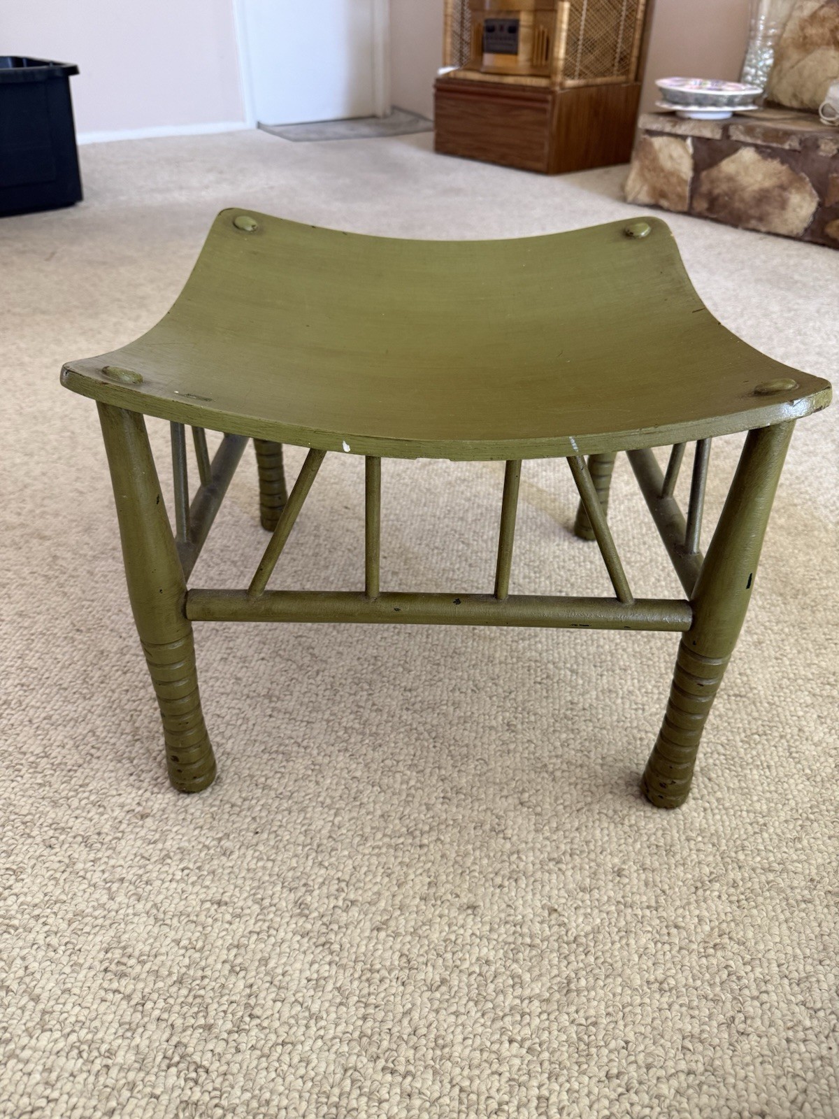 Vintage Egyptian Revival Curved Wooden Thebes Foot Stool Square Brown Seat