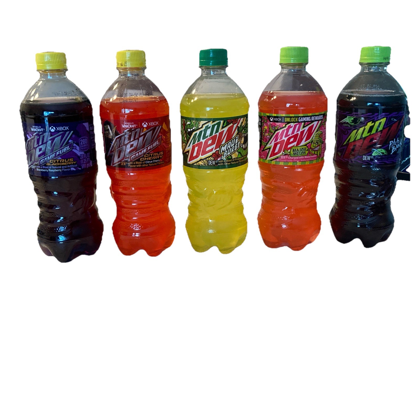 Mountain Dew 20Oz Lot Of 5 Pitch Black Game Fuel Major Melon Maui Burst Expire