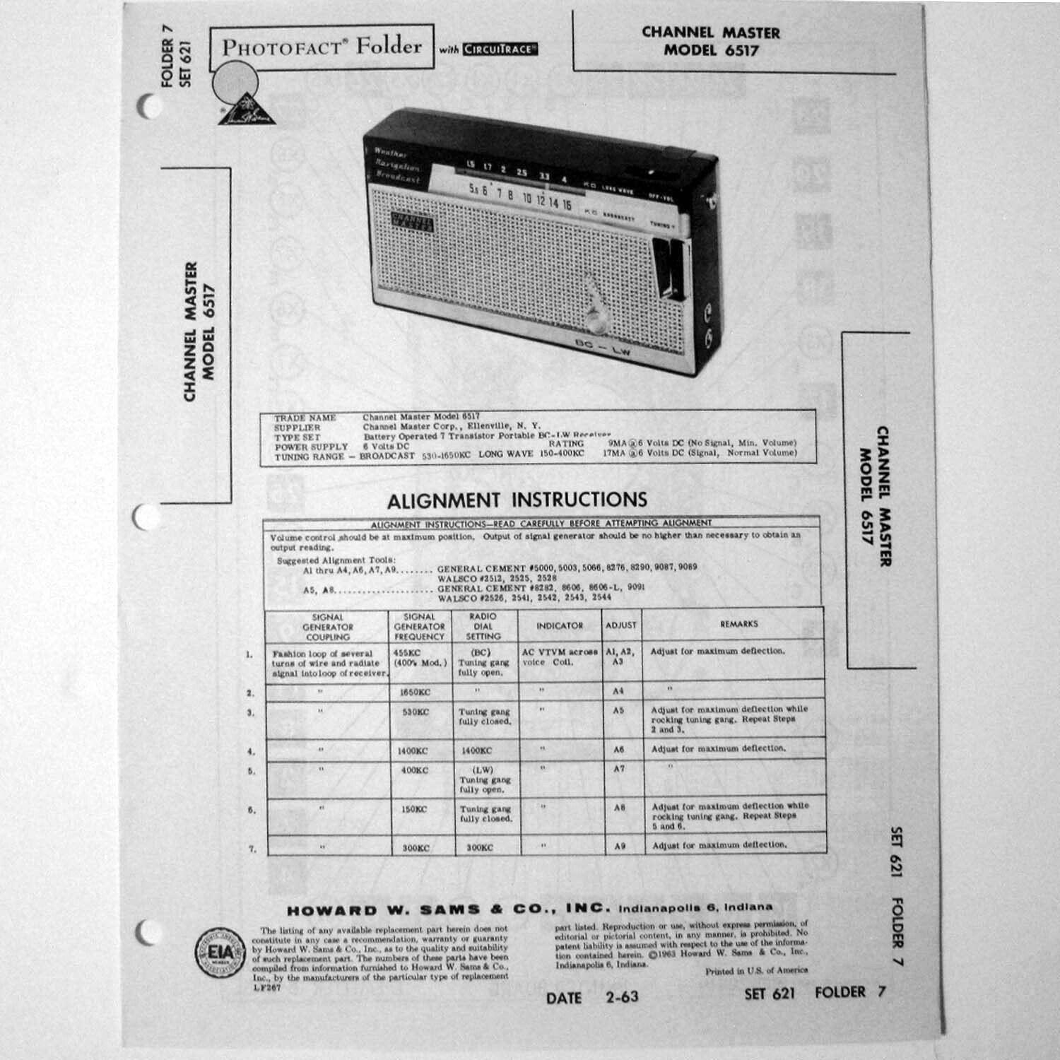 Channel Master Model 6517 Portable Transistor Radio SAMS Photofact ™ 1963 New