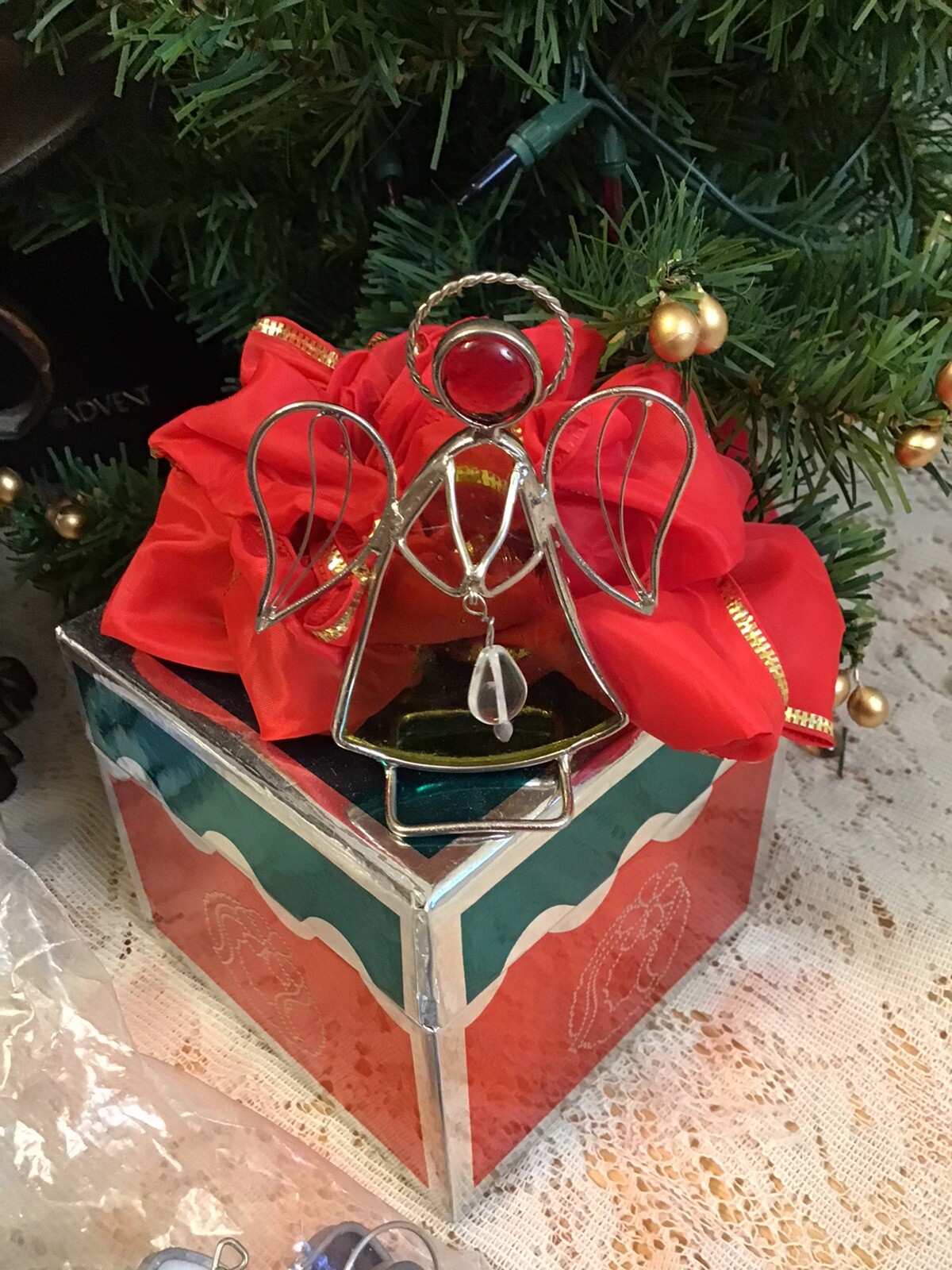 3 Stained Glass Angels - Green & Yellow Sun catchers / Ornaments - Free Standing