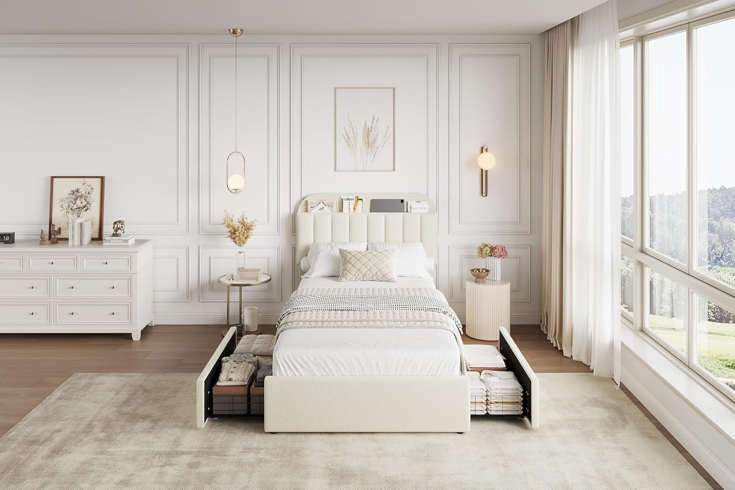 Beige Twin Size Bed Frame Upholstered Platform Bed with Headboard & 2 Drawers