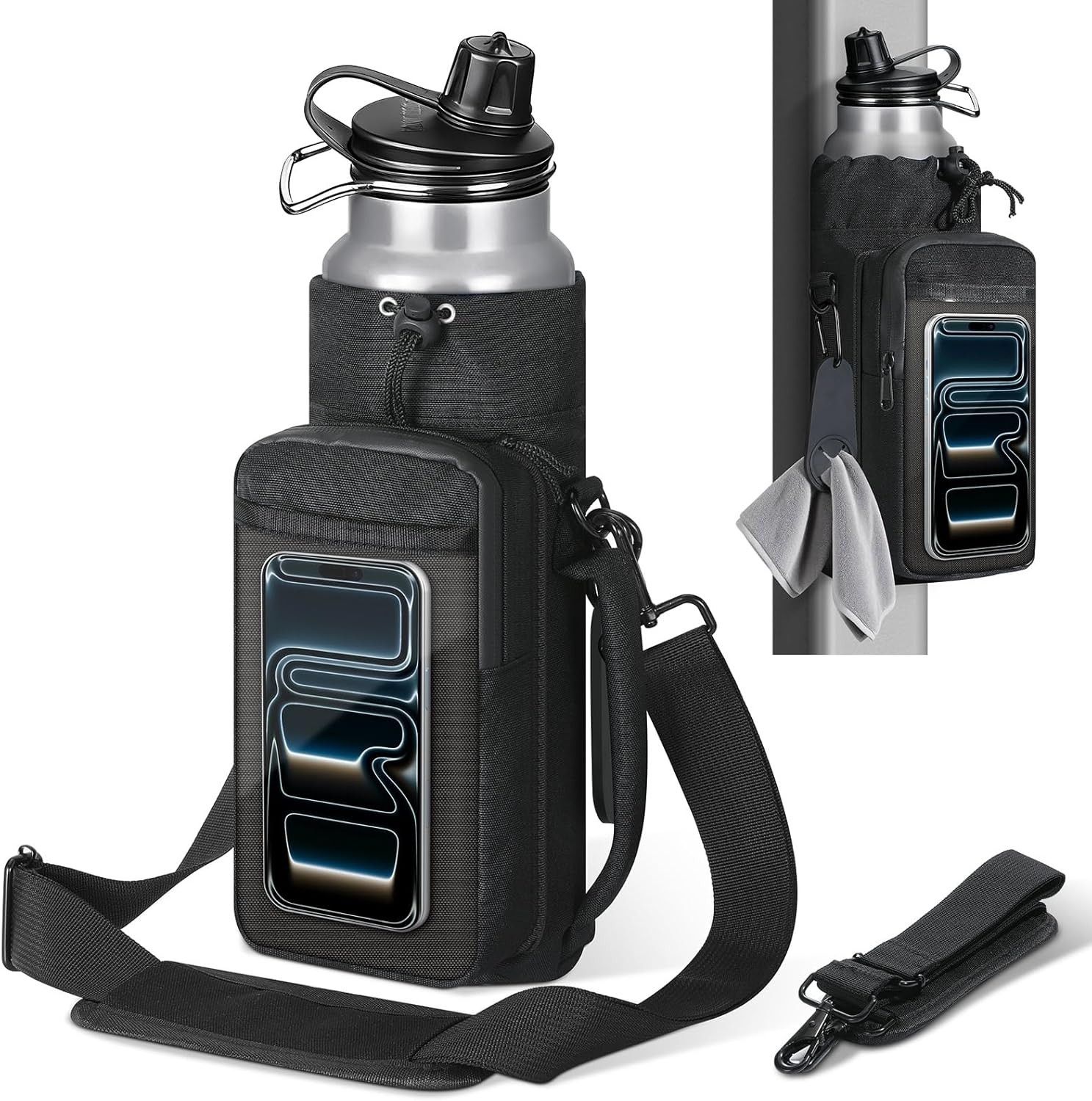 Magnetic Gym Water Bottle Holder w/ Phone Touchscreen Pocket Strap