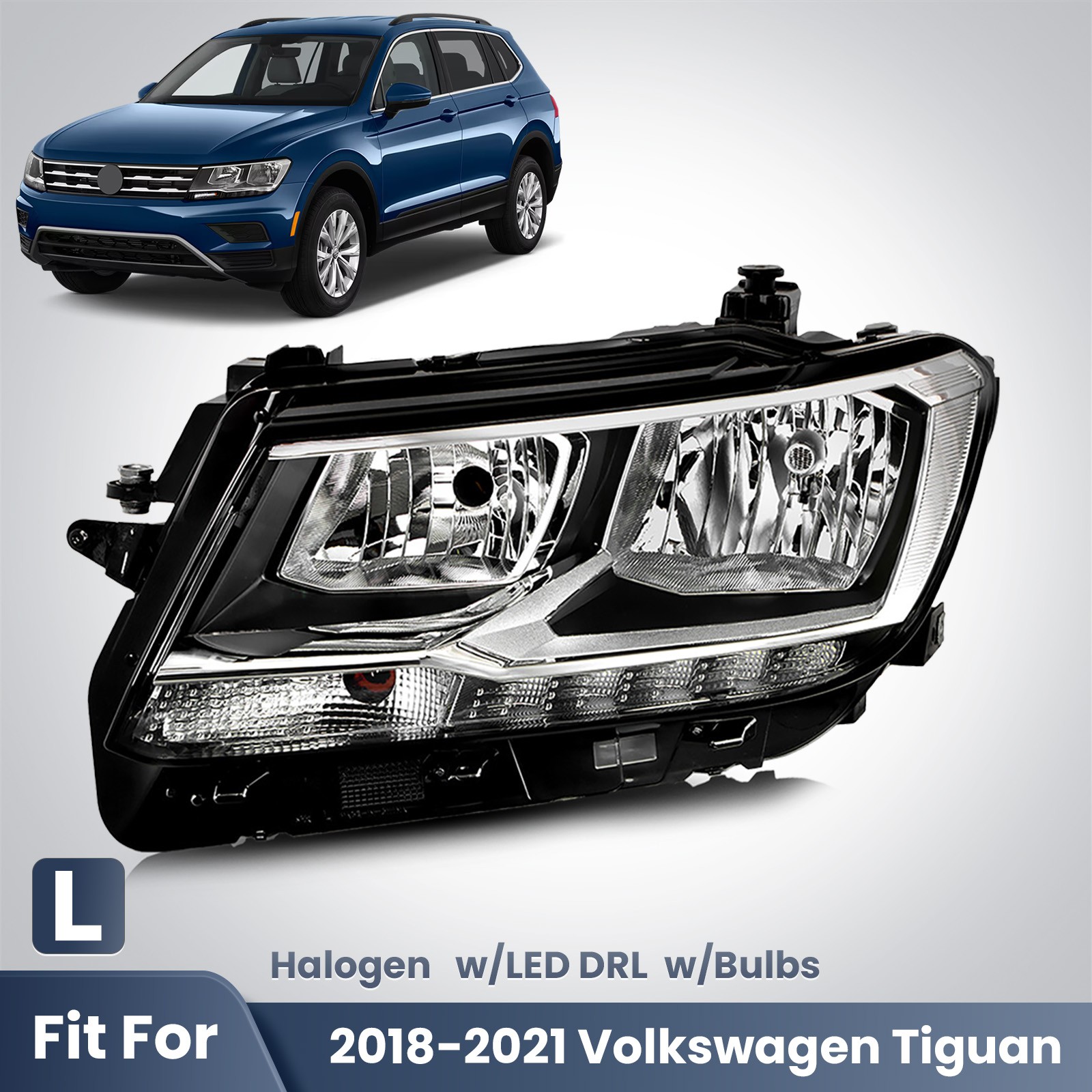 Driver Side Halogen Headlight w/ LED DRL w/ bulb For 2018-2021 Volkswagen Tiguan
