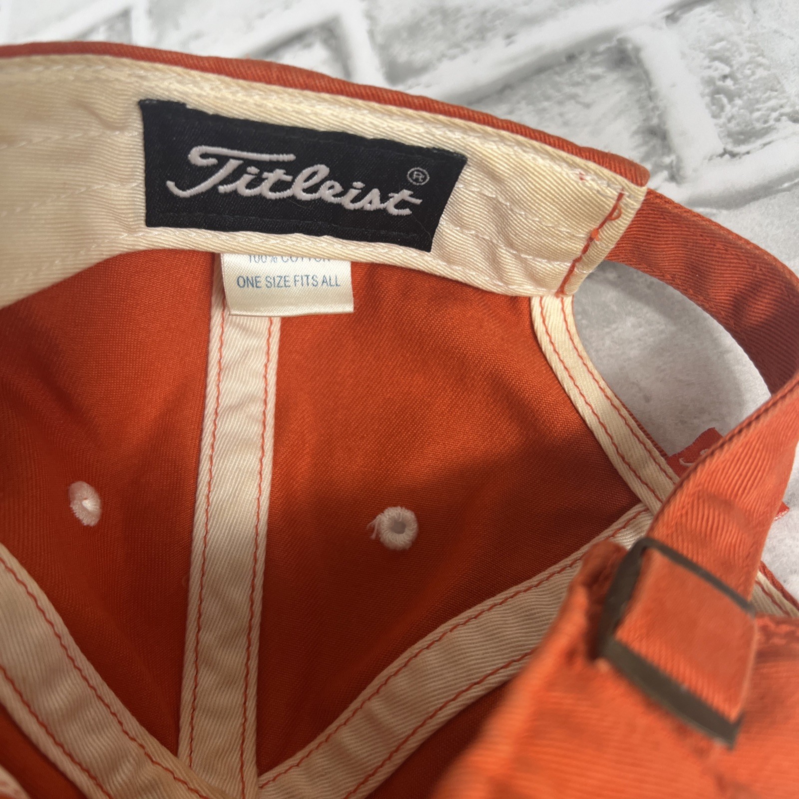 Titleist Since 1992 Script Embroidered on Orange Hat Adjustable Strap Buckle