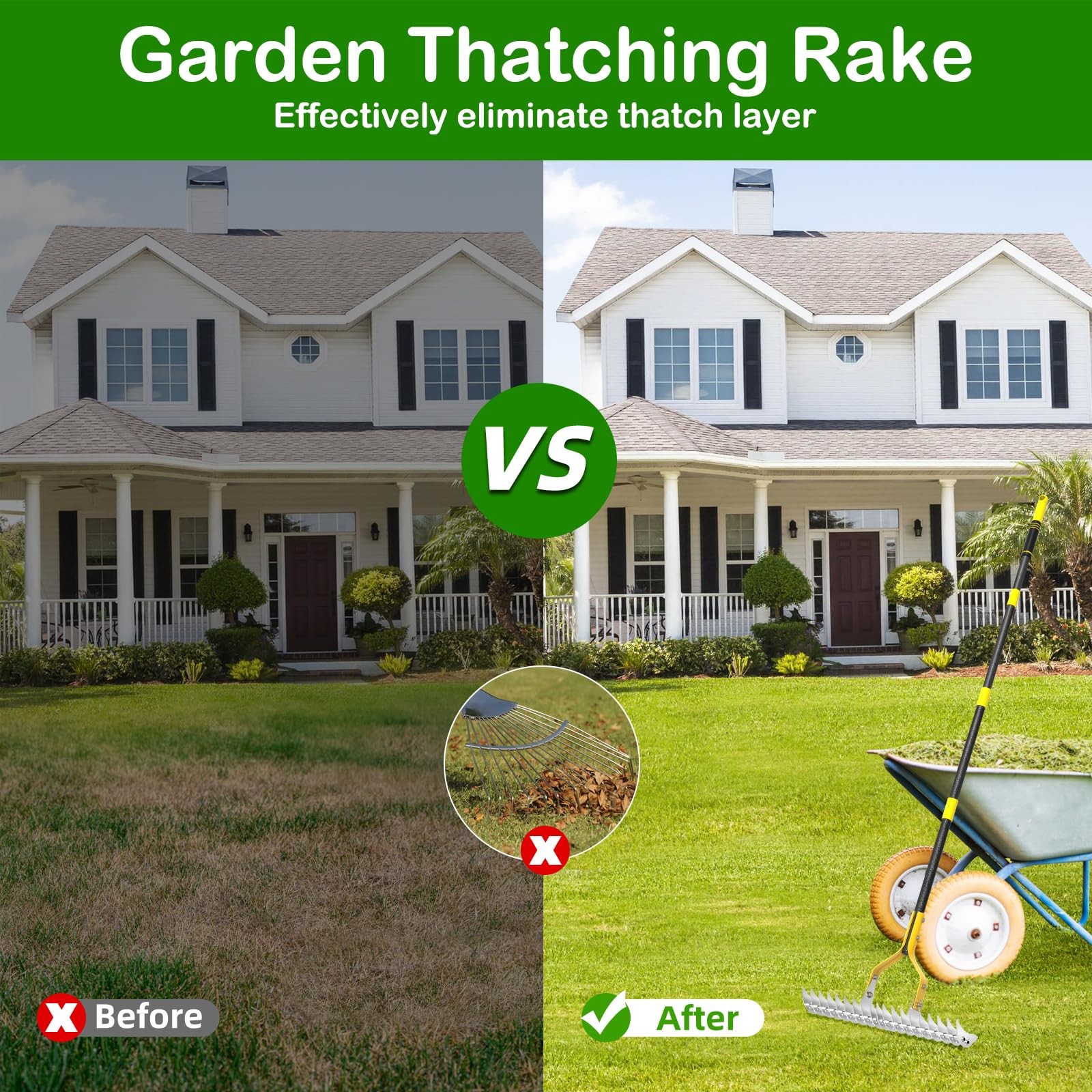 Thatching Rake for Lawns, 15" Heavy Duty Thatch Rake with 70" Handle