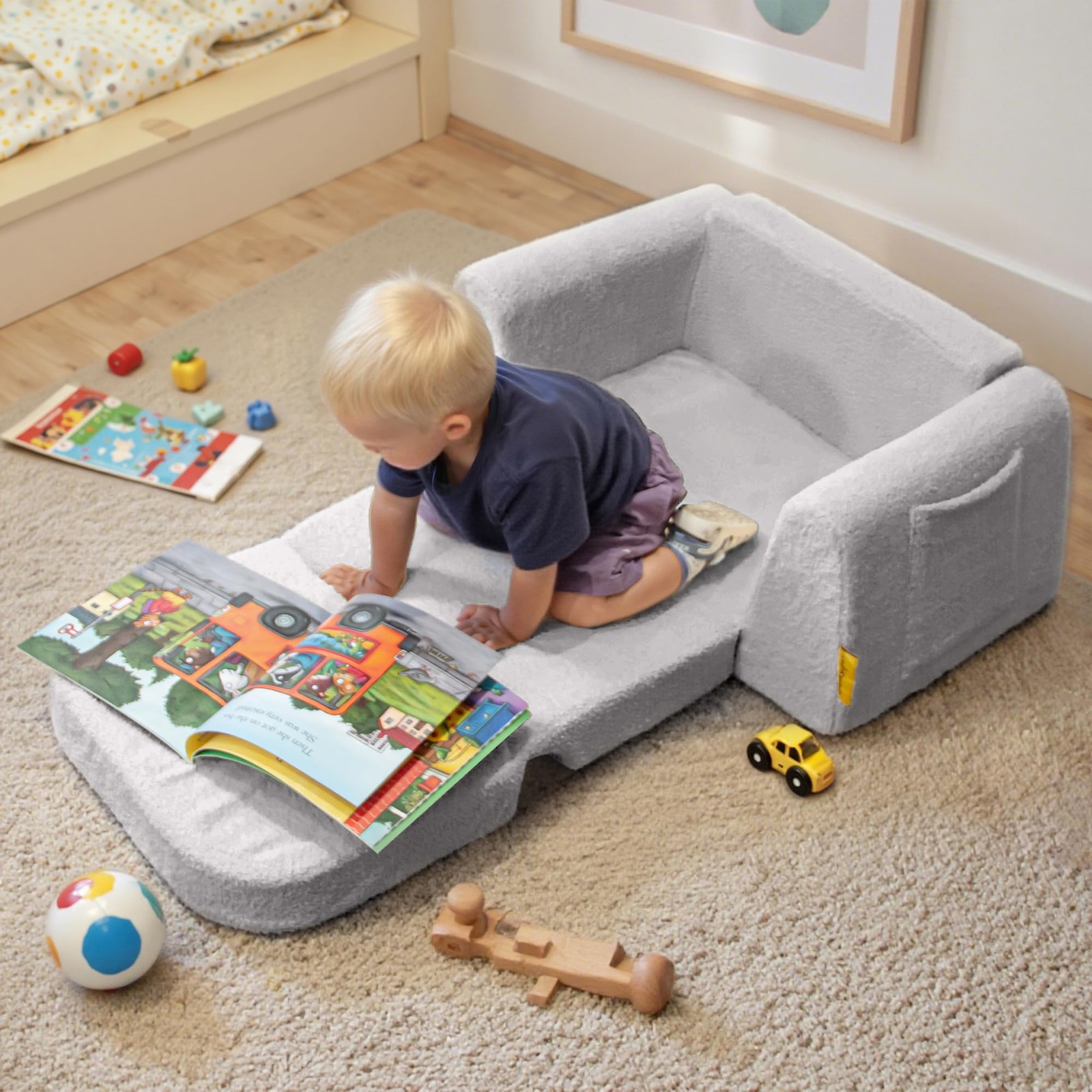 Extra-Wide Kids Sofa for Toddlers, 2-in-1 Convertible Memory Foam Couch to Lo...