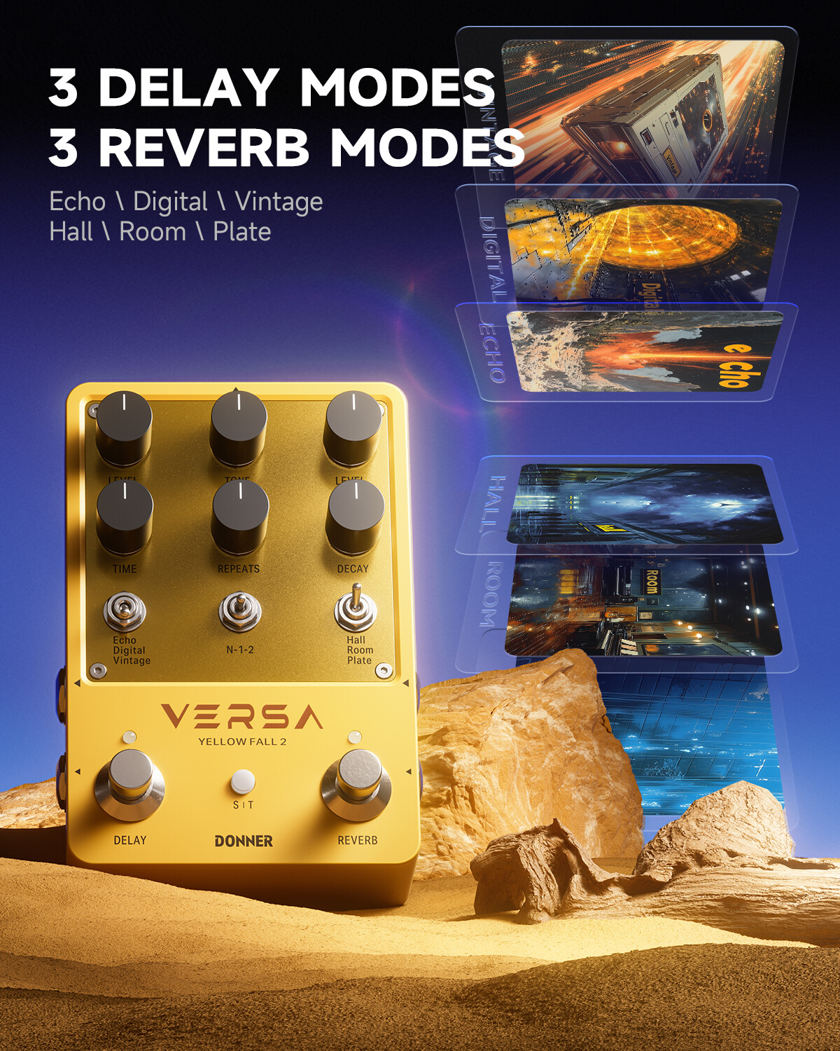 Donner Yellow Fall II Effect Pedal Delay & Reverb Combo Echo Hall Room Plate
