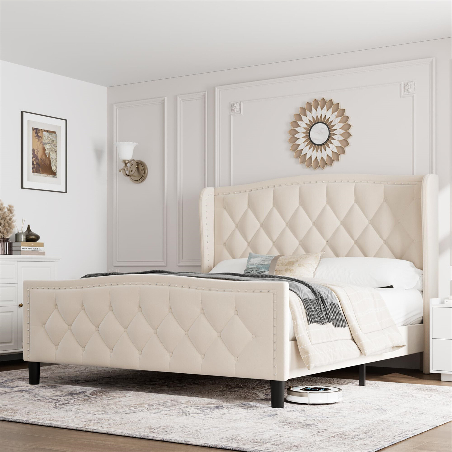 Full Bed Frame Velvet Upholstered Platform Bed with Wing Side Headboard Wooden