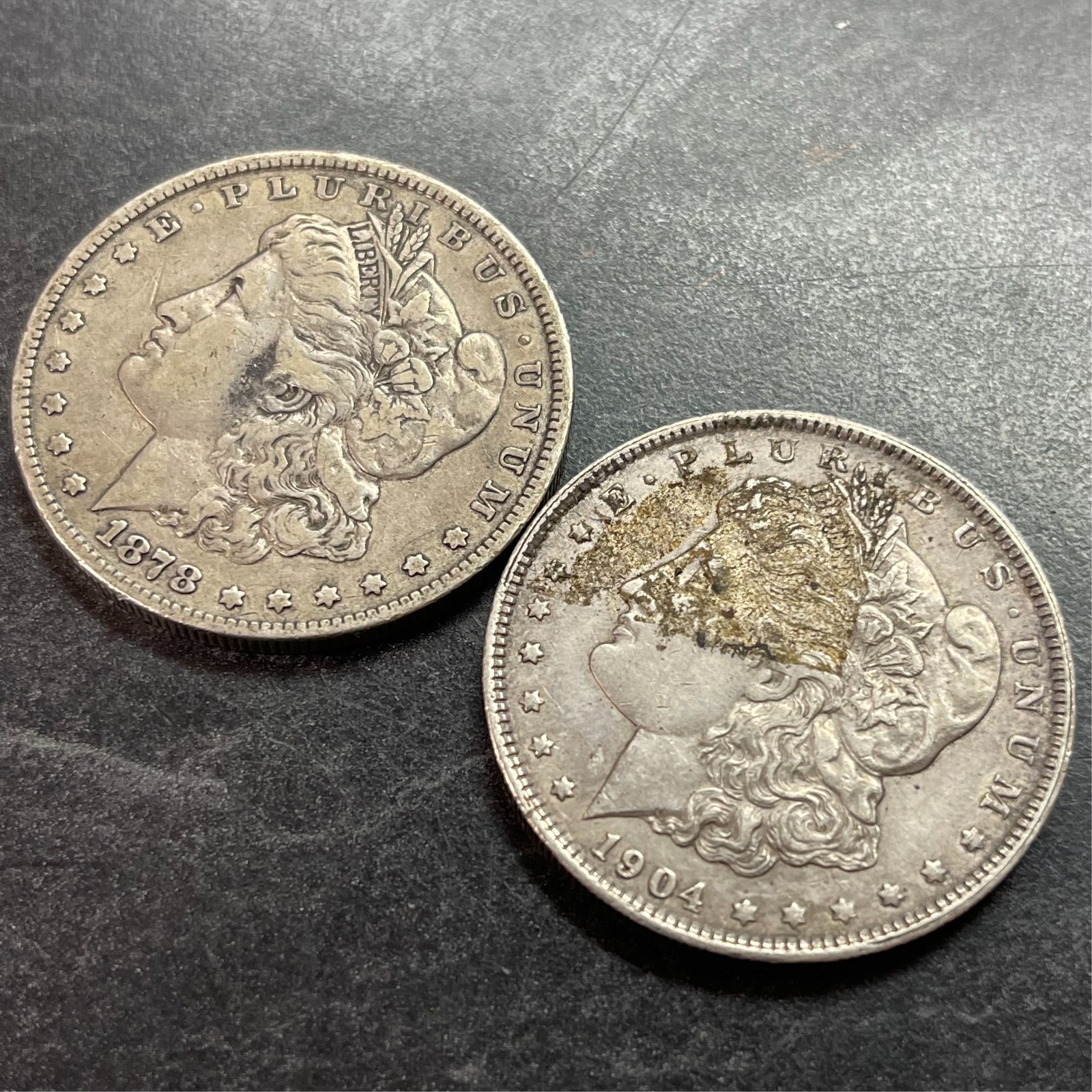 2 $1 UNITED STATES GENUINE MORGAN SILVER DOLLAR LOT 1878 P & 1904 O KM# 110