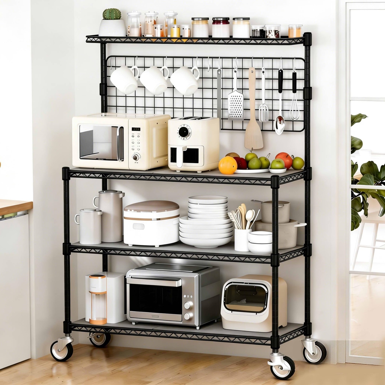 Leteuke Bakers Rack with Storage & Wheels, 42 Inch Microwave Stand Kitchen Sh...