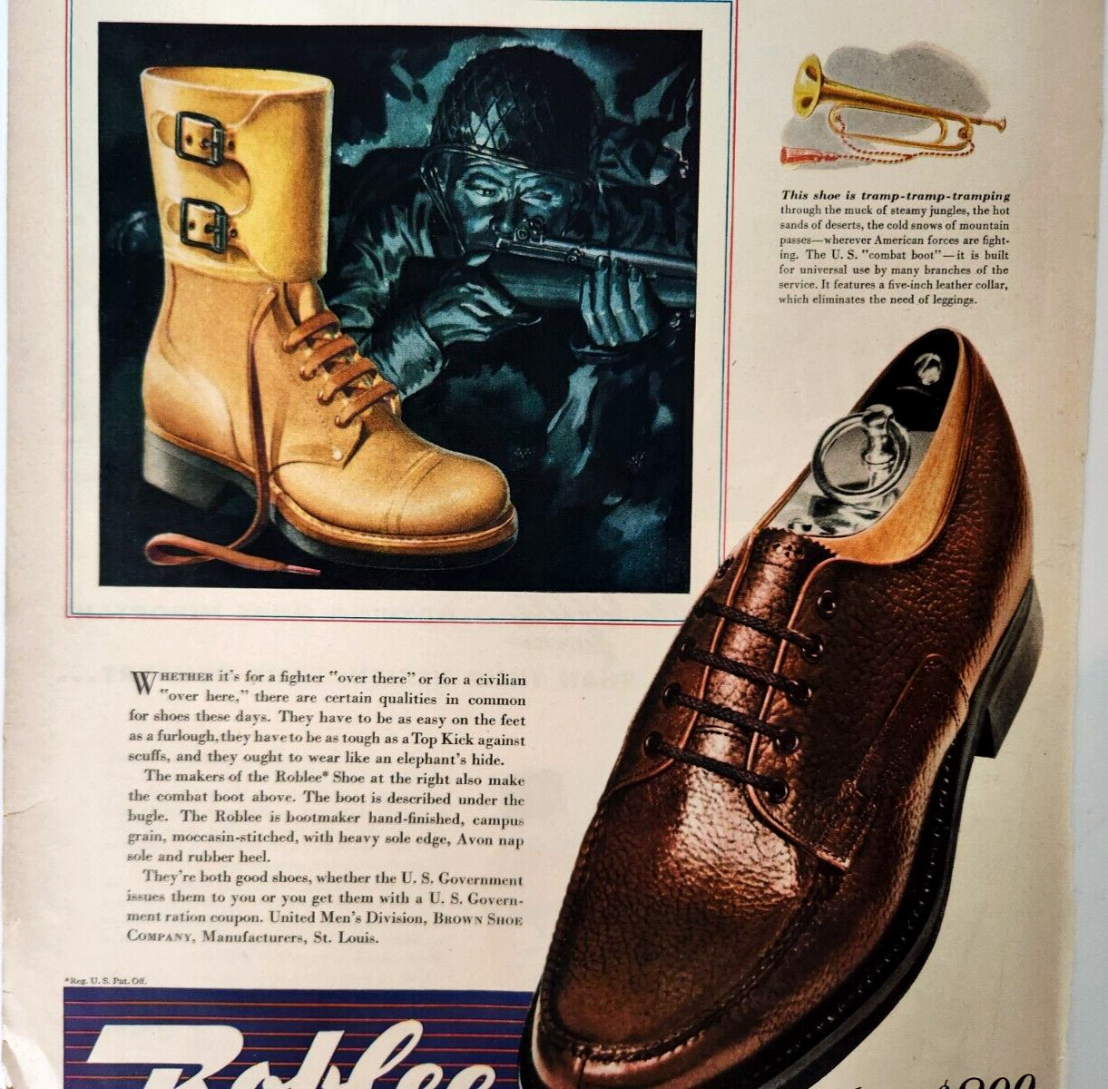 Combat Boot WWII Roblee Co Vintage 1943 Magazine Print Clothing Ad Mens Fashion