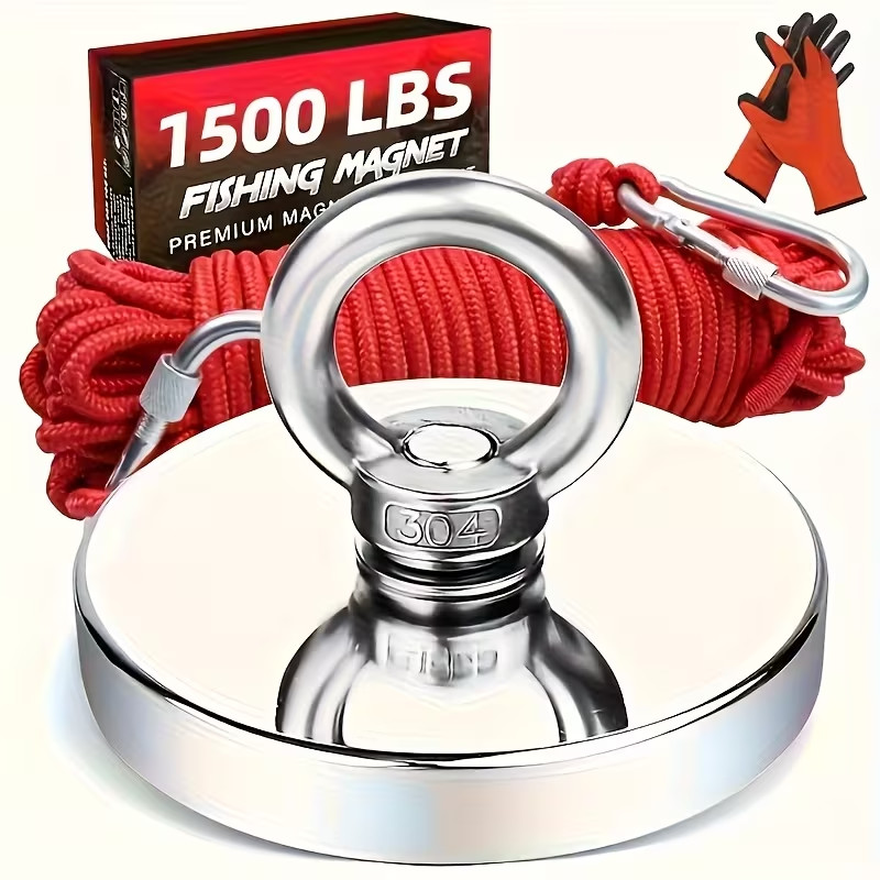 Up to 1500 Lbs Fishing Magnet Kit Pull Force Strong Neodymium + Carabiner+ Rope
