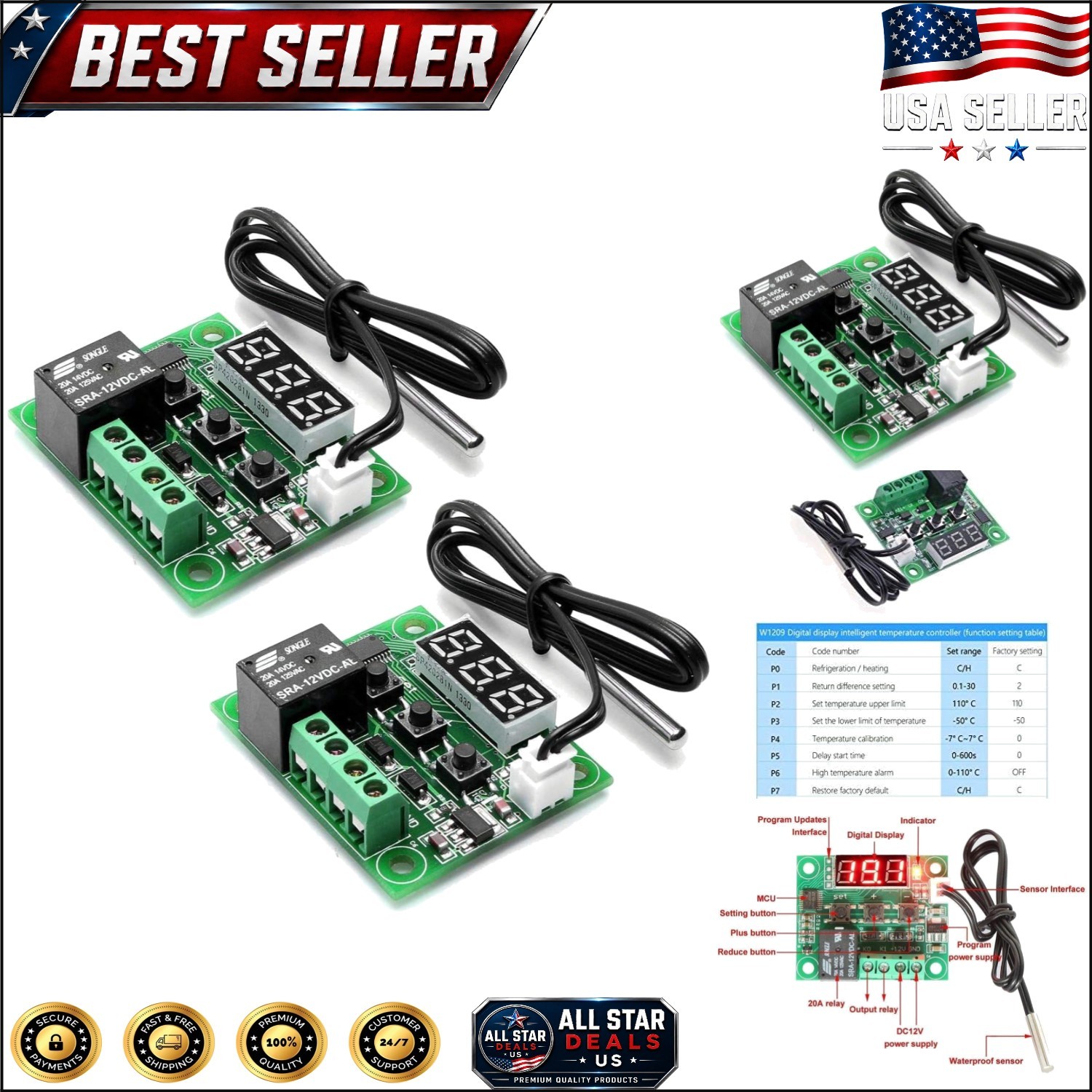 2x W1209 Digital Temperature Controller -50 to 110°C LED, 10A Relay Waterproof