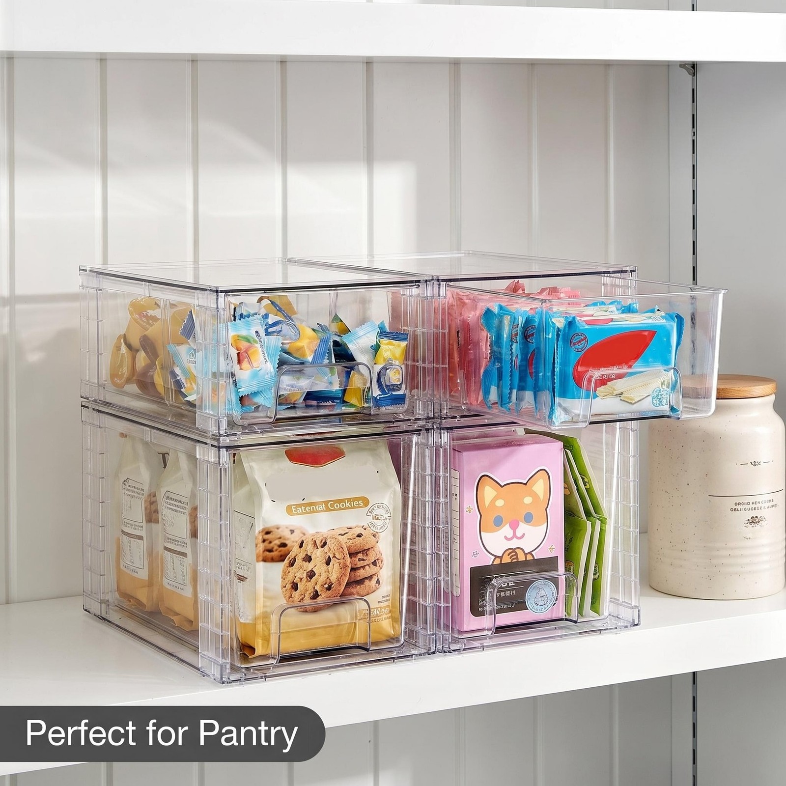 Chefstory 4 Pack Clear Stackable Storage Boxes for Pantry, Cabinet