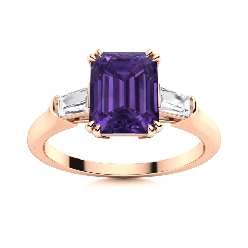 8x6mm Emerald Cut Amethyst Ring 925 Sterling Silver Rose Plated Three Stone Ring