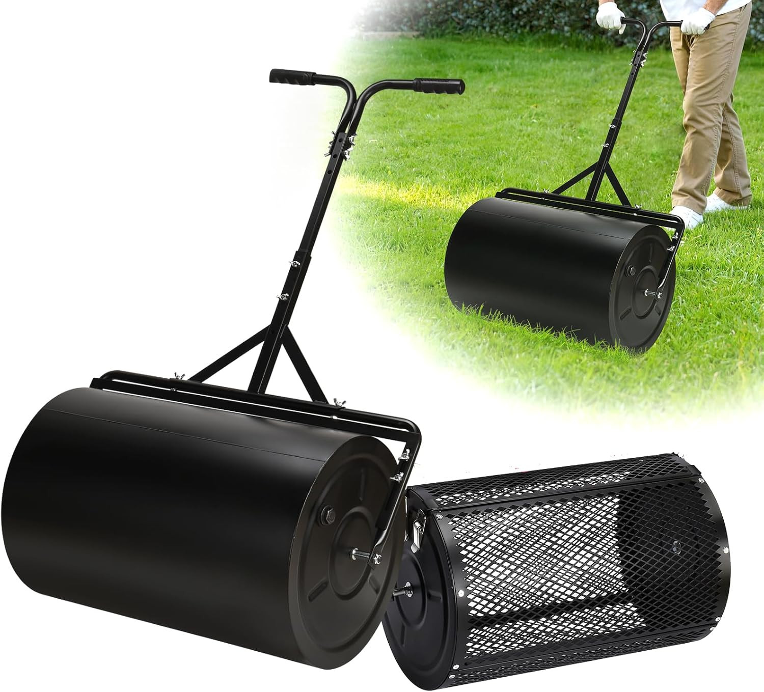 24 Inch Compost Spreader & Lawn Roller, Featuring One Mesh Roller and One 23 Gal