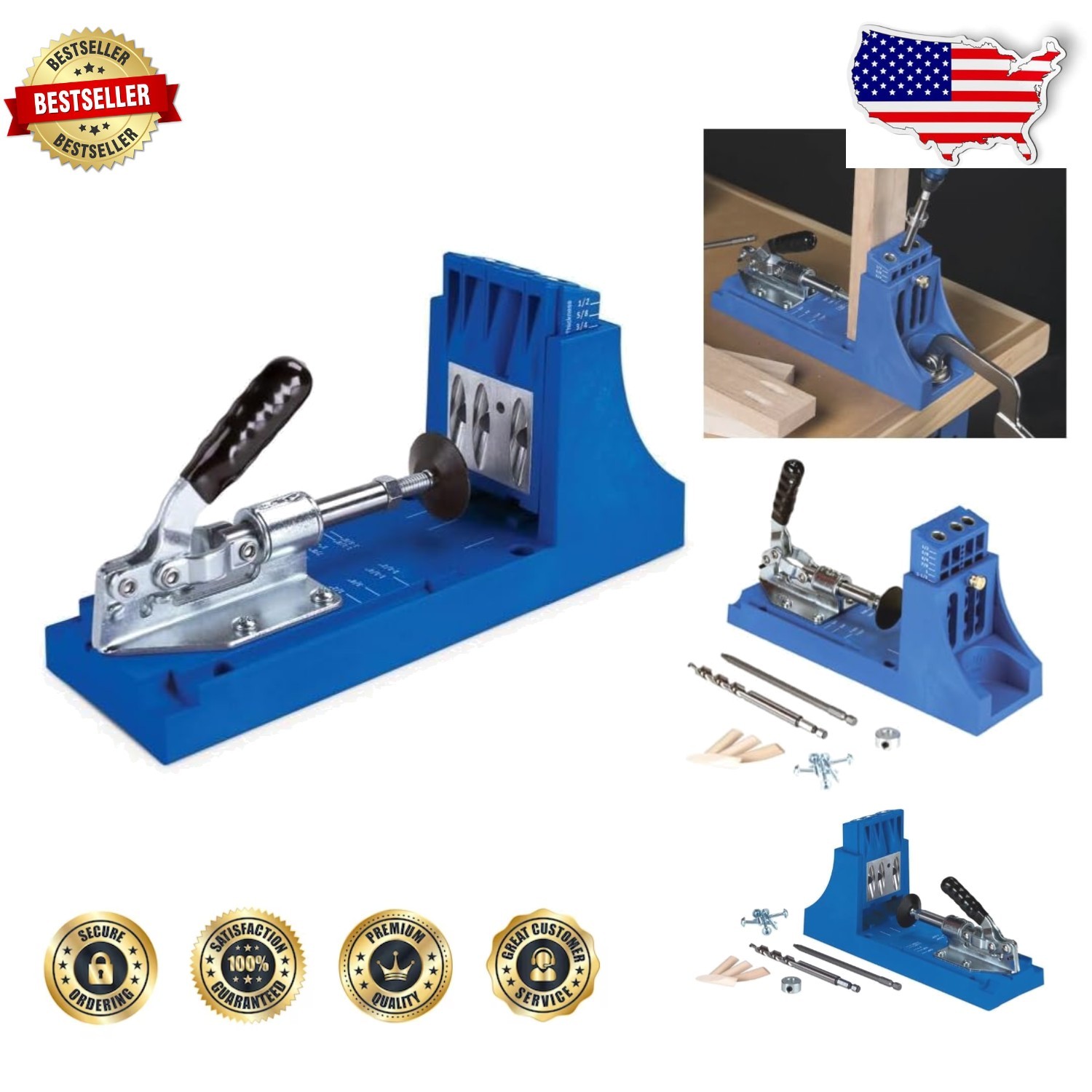 K4 Pocket Hole Jig System: Easy Woodworking, 1/2"-1.5" Thick, Black/Blue Metal