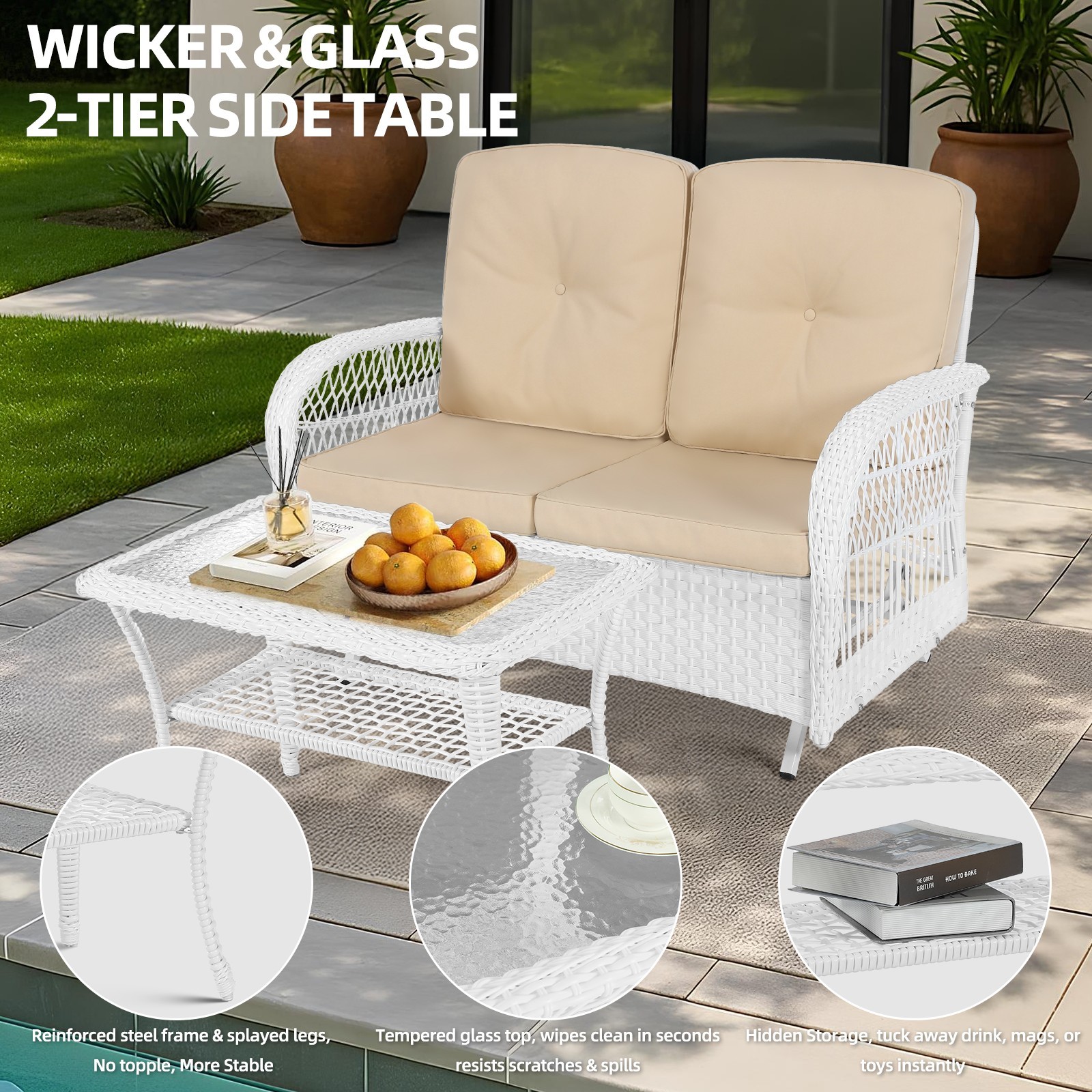 Outdoor Side Table Small Patio End Table Coffee Table with Tempered Glass Top