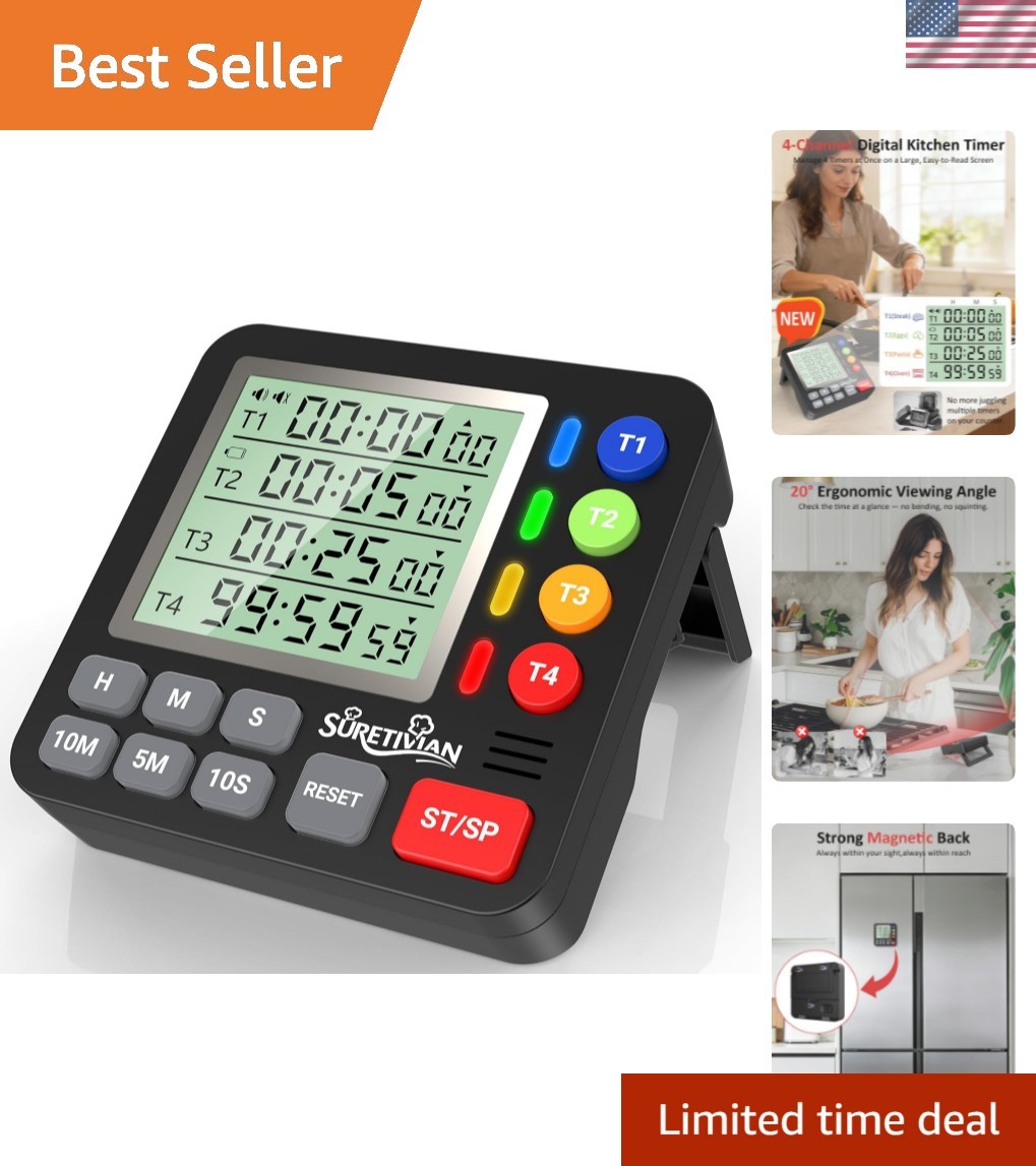 Digital Kitchen Timer for Cooking - 4 Channel Count Up Countdown Timer with L...
