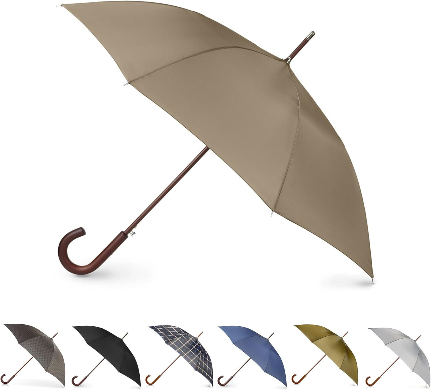 Eco Auto Open Umbrella Classic Wooden J Stick Handle with Easy Grip - Windproof,