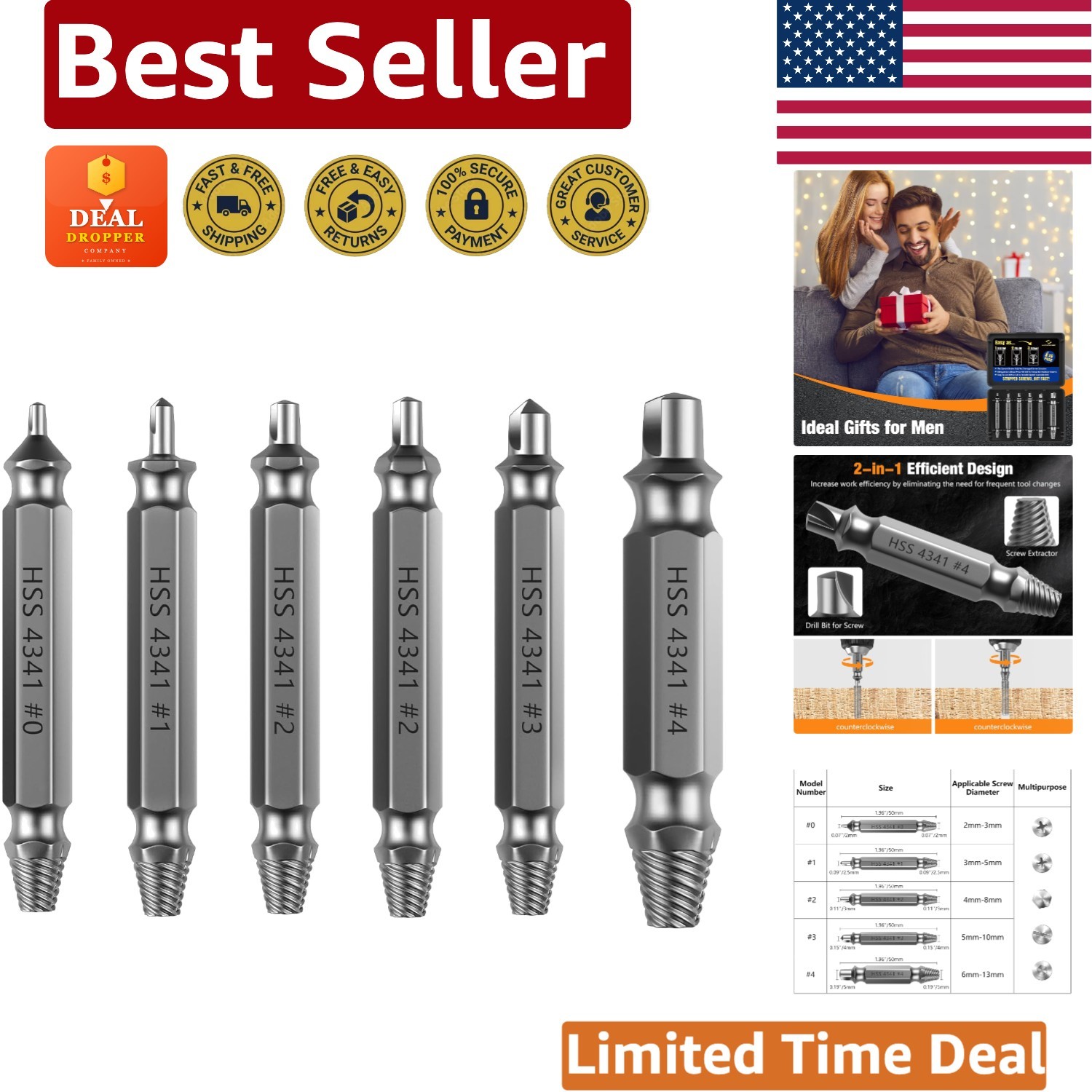 6-Piece HSS Screw Extractor Kit - Effortless Removal of Damaged Bolts & Screws