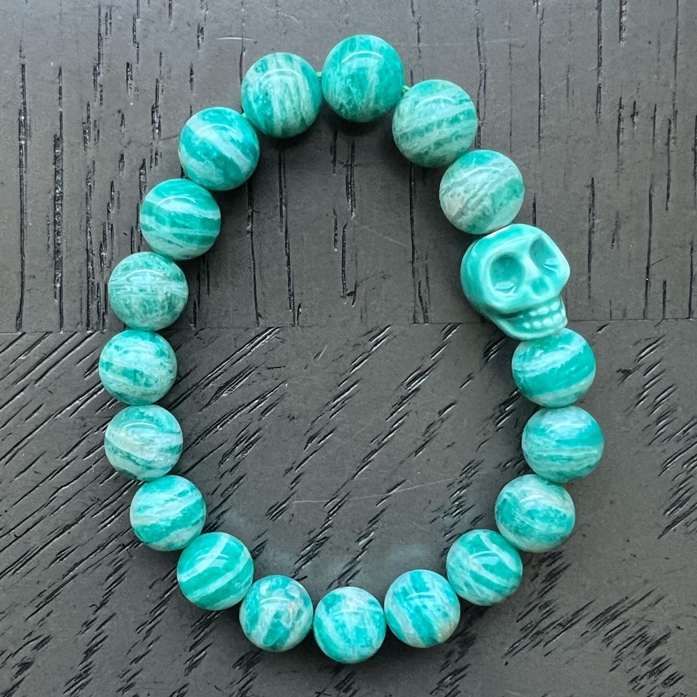 Russian Amazonite bracelet with skull charm SIZE 6.5’