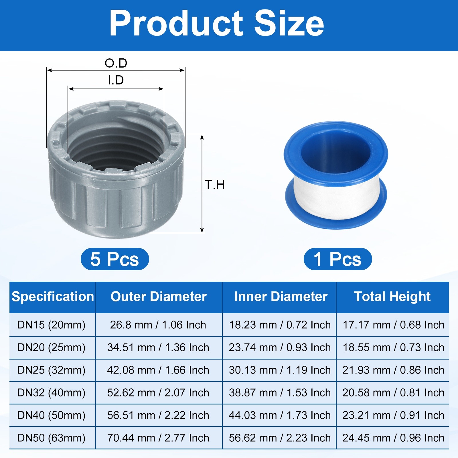 5Pcs 1/2 Inch PT Female Thread PVC Pipe Fitting Cap with Tape, Gray