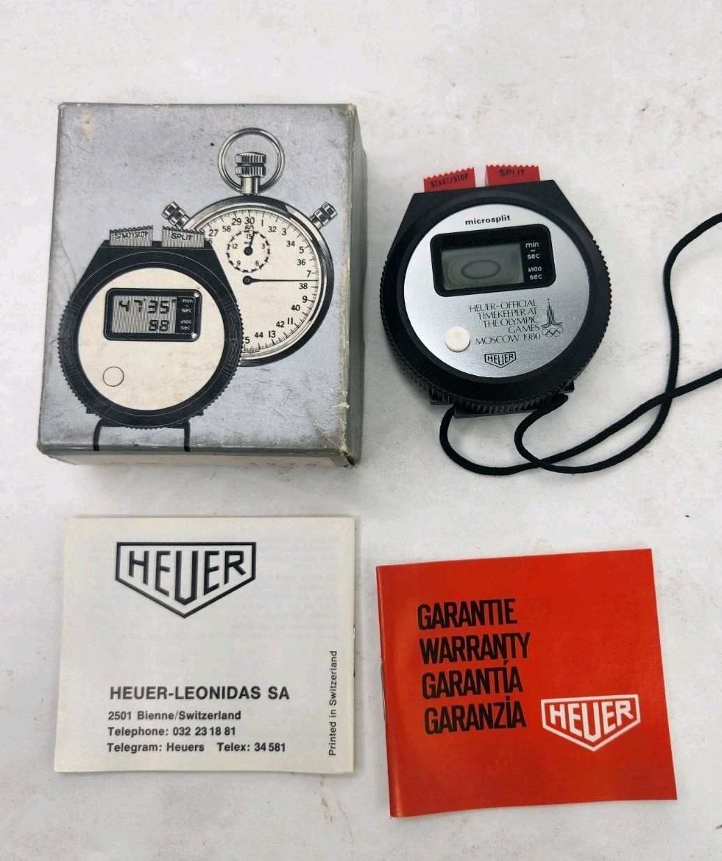 Heuer Microsplit 230 Digital Stop Watch. 1980 Olympics Box As Is Untested