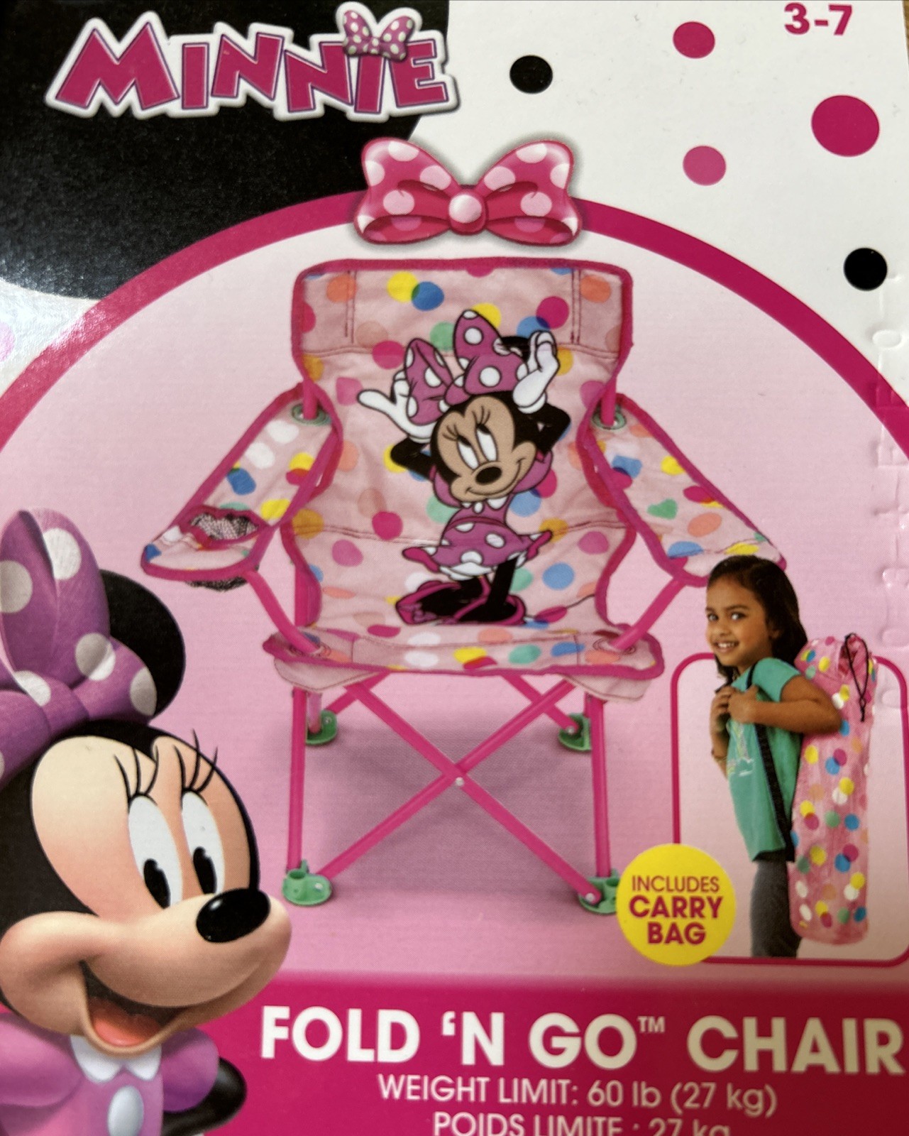 NWT Portable Pink Minnie Mouse Foldable Chair for Kids Carry Pack & Cup Holder