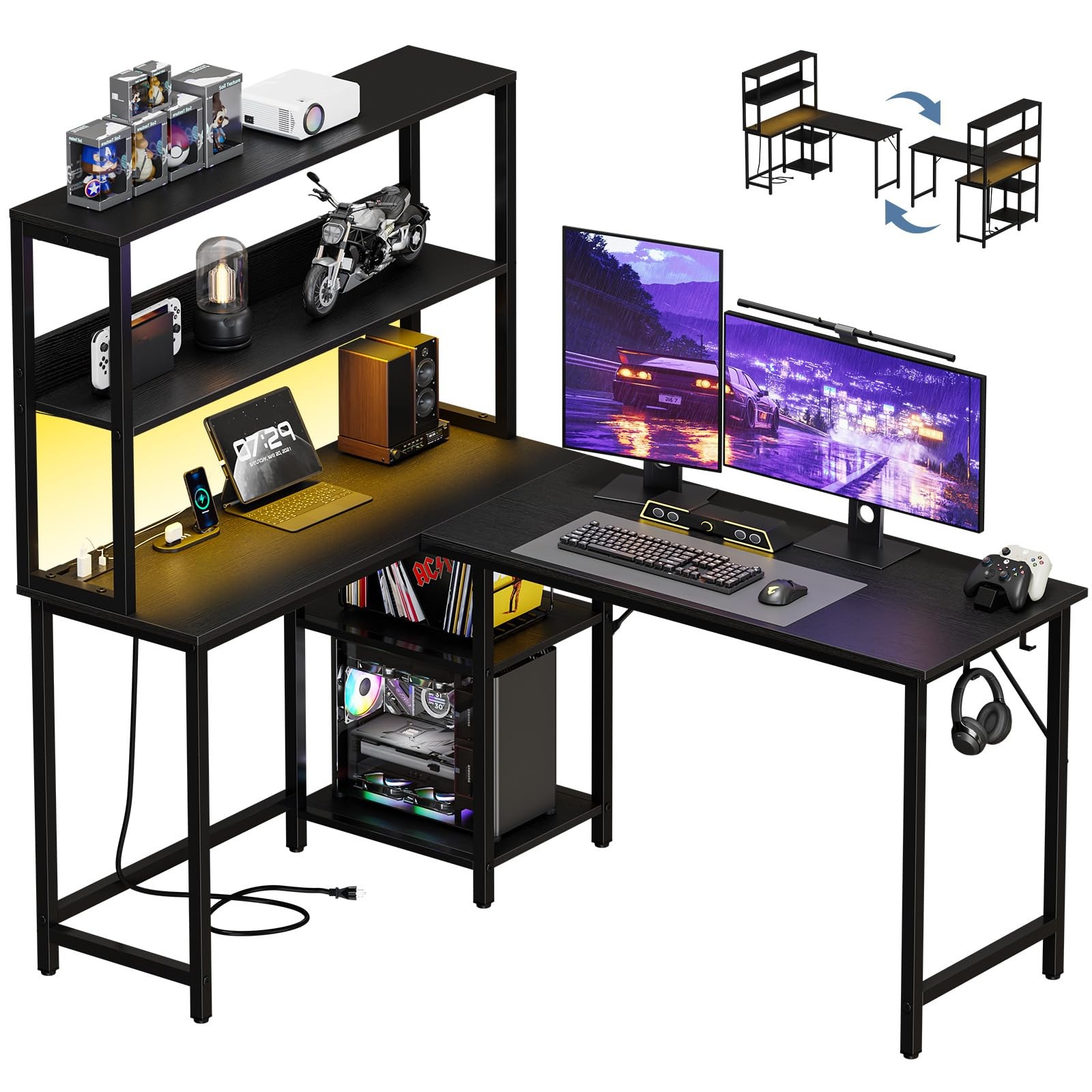L Shaped Desk, Gaming Desk, Power Outlet, 53 Inch