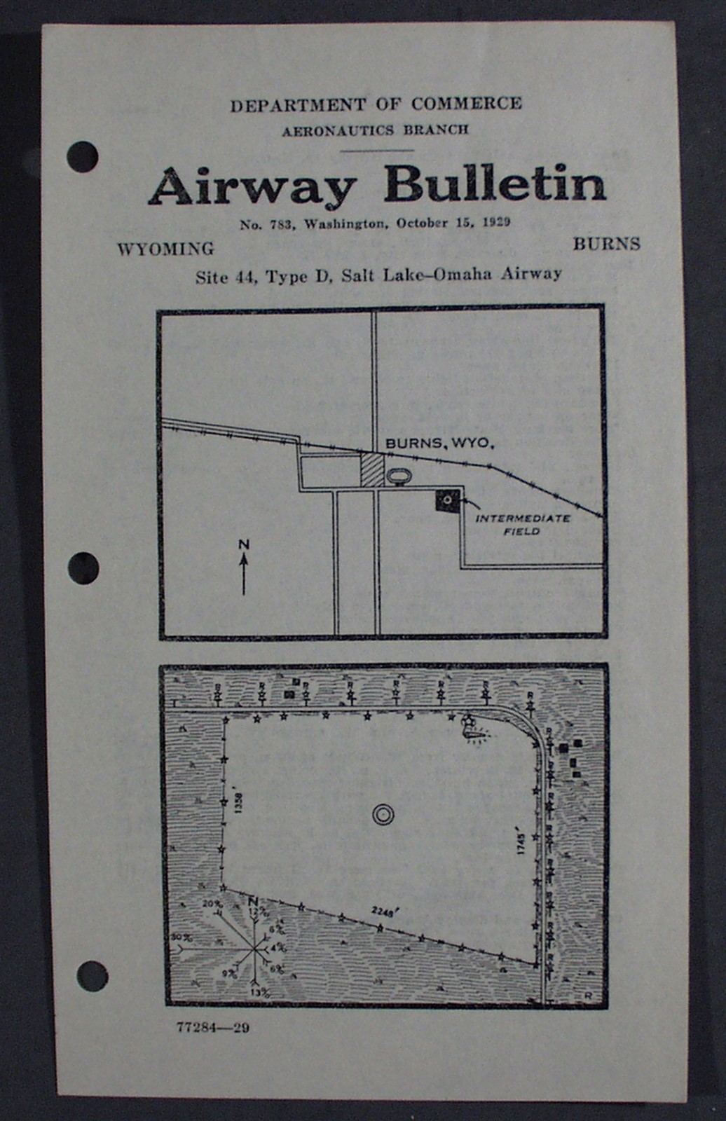 1929 AIRWAY BULLETIN NO. 783 SALT LAKE-OMAHA AIRWAY, BURNS, WYOMING