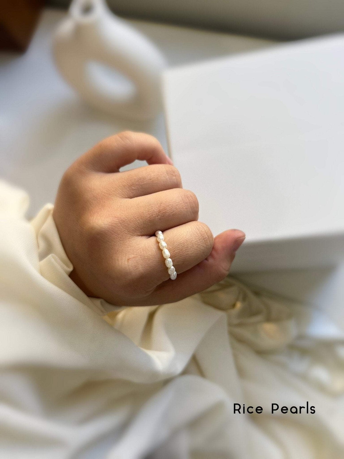Boho Mini Pearl Beaded Stretch Ring, Stackable Freshwater Pearl Ring