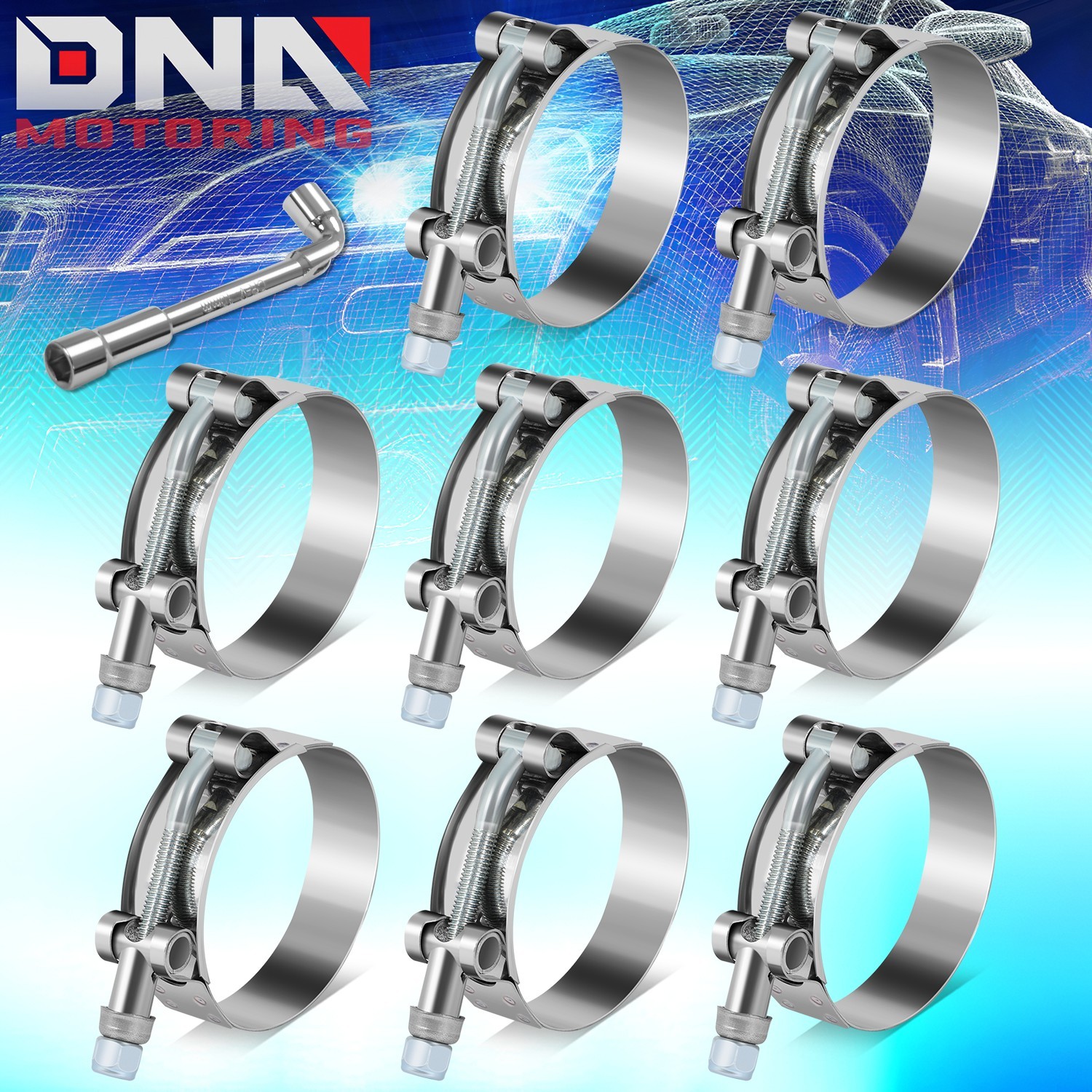 2.45"-2.75"ID S.Steel 2.25" ID Silicone Hose T-Bolt Clamps 8Pcs w/ L-Wrench